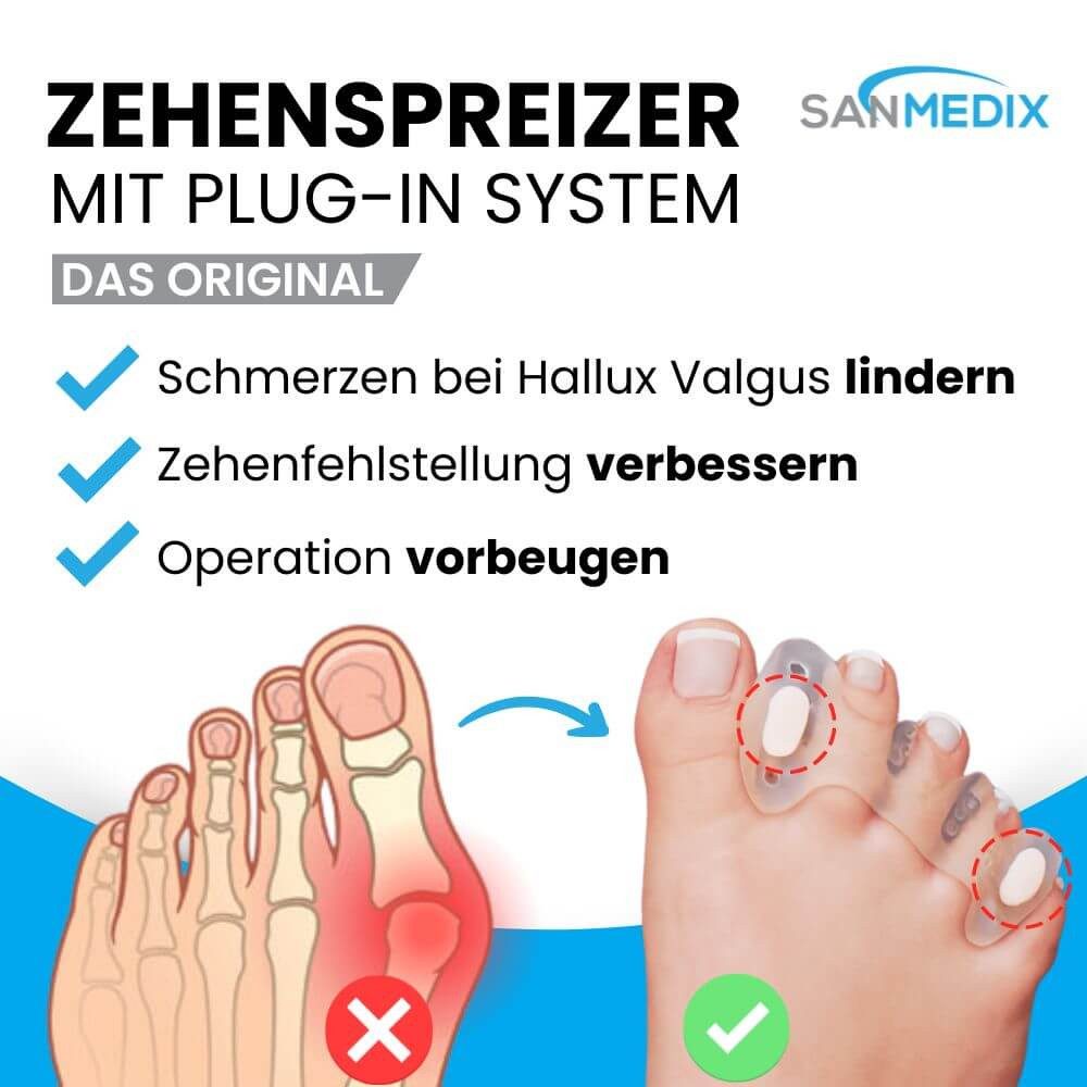 Sanmedix Zehenspreizer für alle Zehen - mit Plug-In System aus Silikon für Damen & Herren, 2 Paar (4 Stück + 4 Plug-Ins), Zehenstrecker Korrektur Set gegen Hallux Valgus, Ballenzehen uvm.