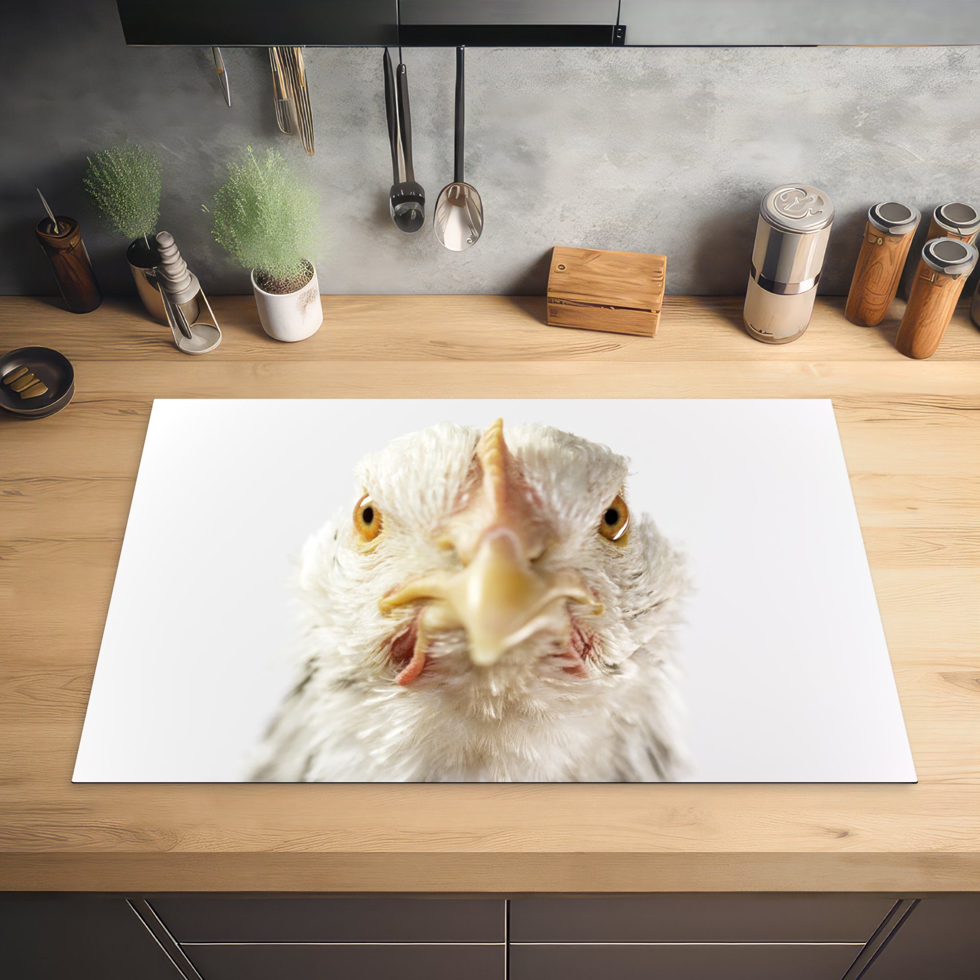 MuchoWow Herdblende-/Abdeckplatte Vogelkopf vom küche, (1 Vinyl, Ceranfeldabdeckung Huhn, 81x52 cm, Schutz Induktionskochfeld für die tlg)