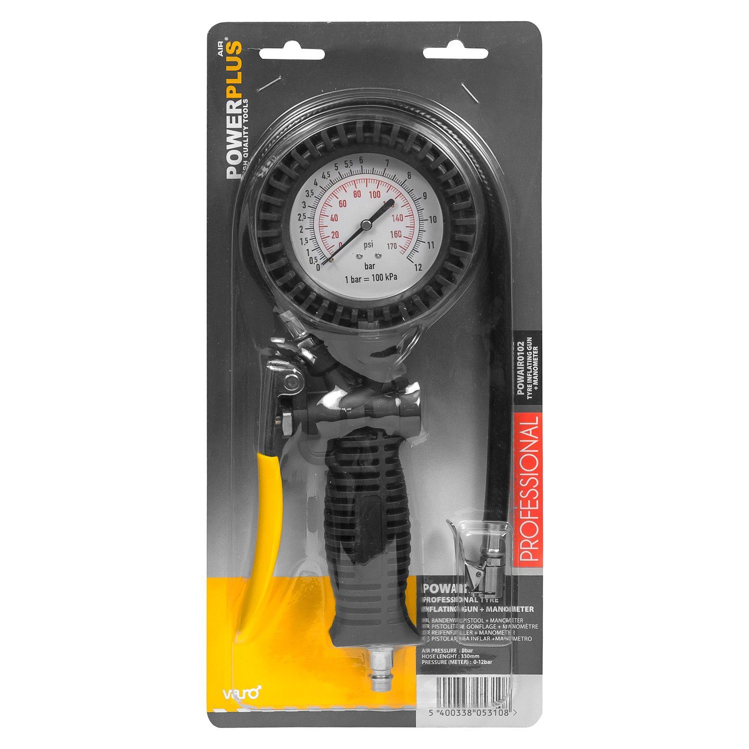 Powerplus Air Druckluftgeräte-Set Druckluftpistole Reifenfüll-Pistole 12 bar + 33 cm Schlauch