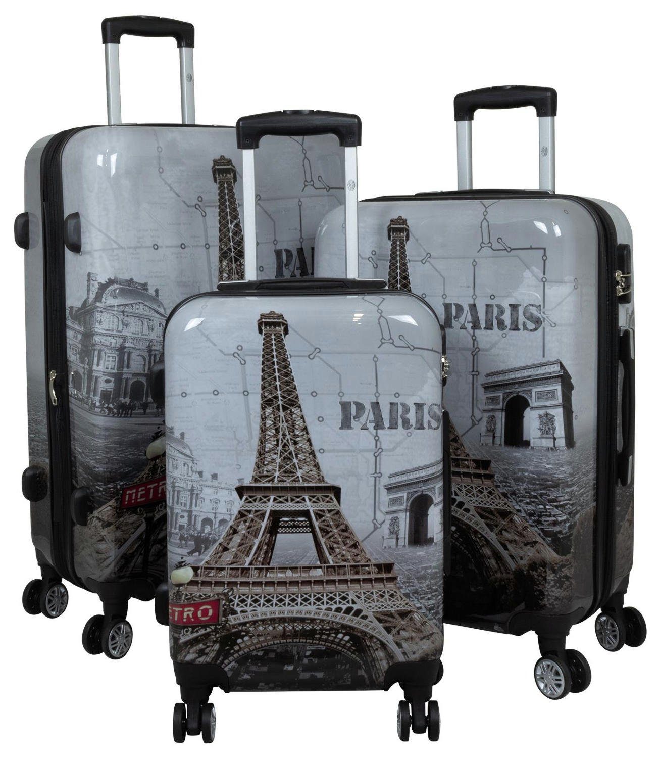 Warenhandel König Trolleyset Paris Eiffelturm, 4 Rollen, (Gr. M, L und XL, 3 tlg., Hartschalen Trolley Set), mit Motiv, Dehnfalte zur Vergrößerung des Packvolumens