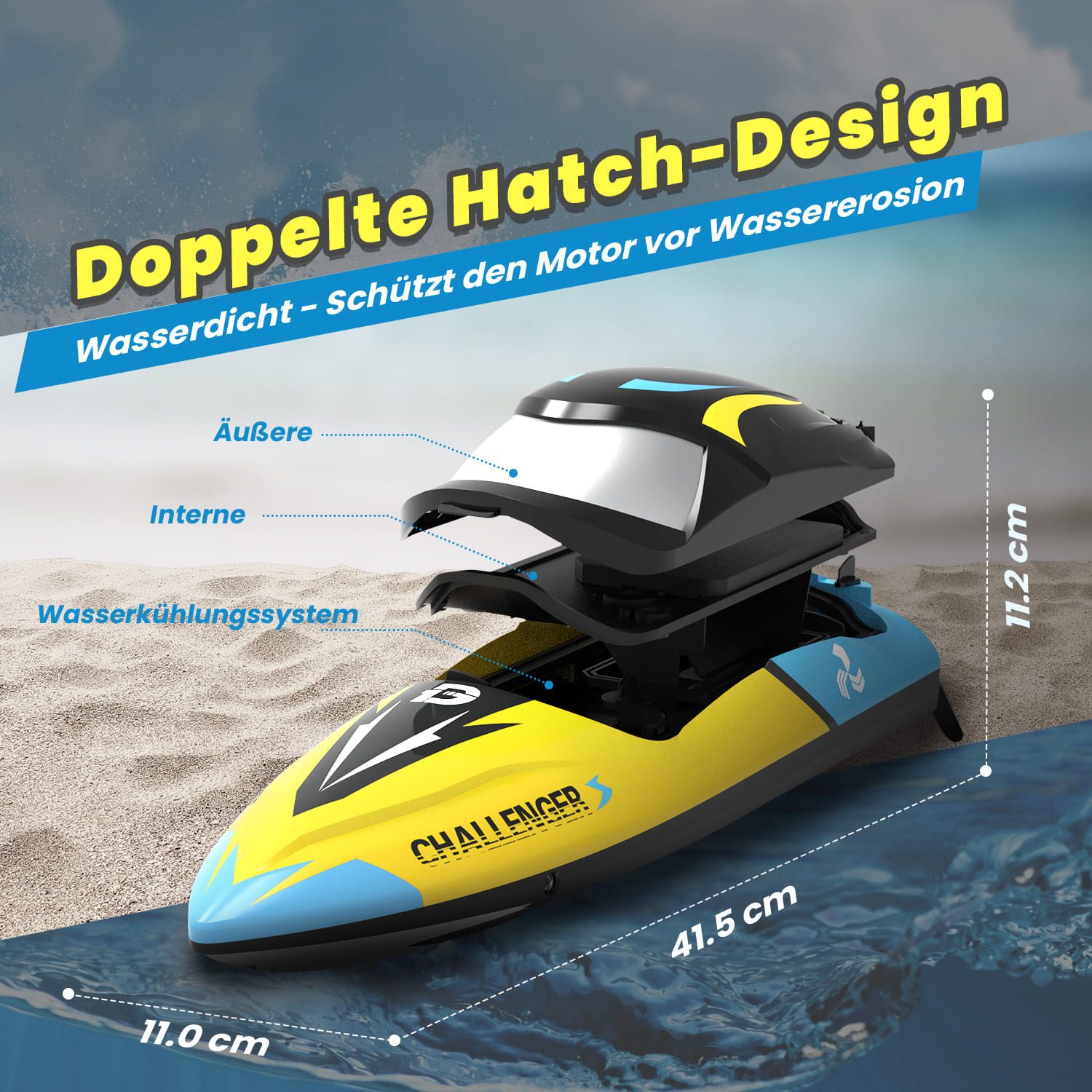 DEERC RC-Boot Bürstenloses 48 km/h mit Alarm, LED, 2,4 GHz