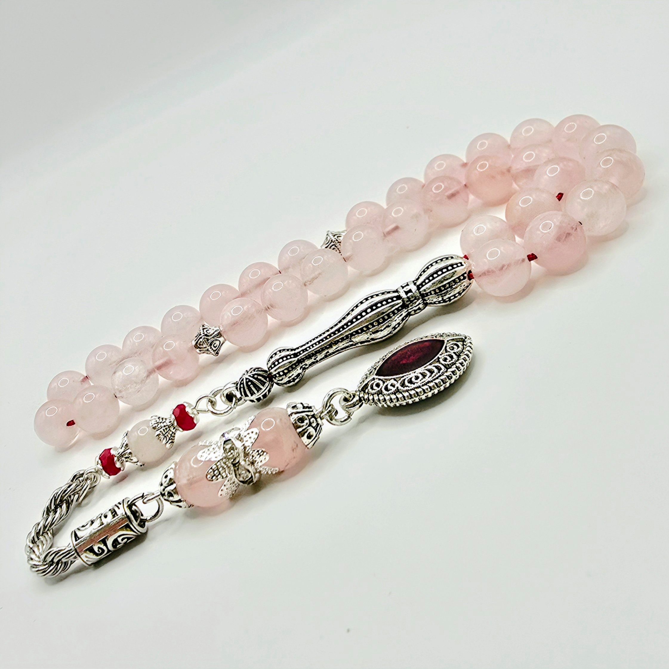 M-Punkt24 Kettenanhänger Tesbih Tespih Naturstein Küre Rund (Rosenquarz Pembekuvars, Subha, Misbah, Rosary, Gebetskette), Design Püskül, inkl. ETUI, *SONDERPREIS WEGEN PRODUKT NEUHEIT*