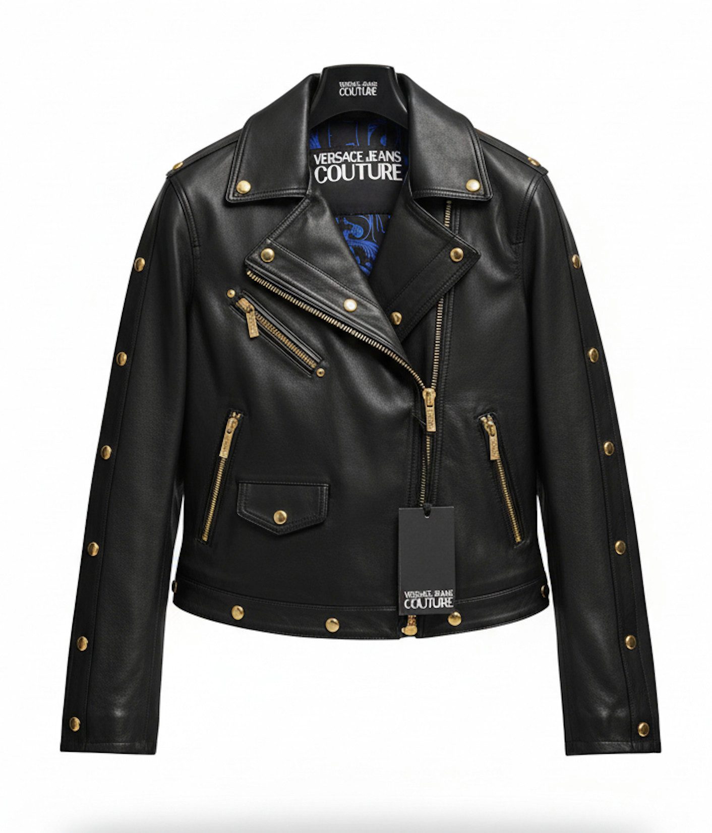 Versace Lederjacke Jeans Couture Leder Bikerjacke Damen XS Innenfutter mit auffälligem Baroque-Print in Multicolor