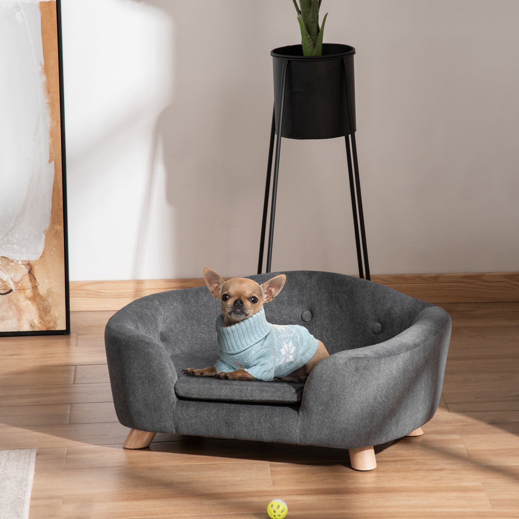 PawHut Tierbett Hundebett Hundesofa mit Kissen, Plüsch, Dunkelgrau 70 x 47 x 30 cm