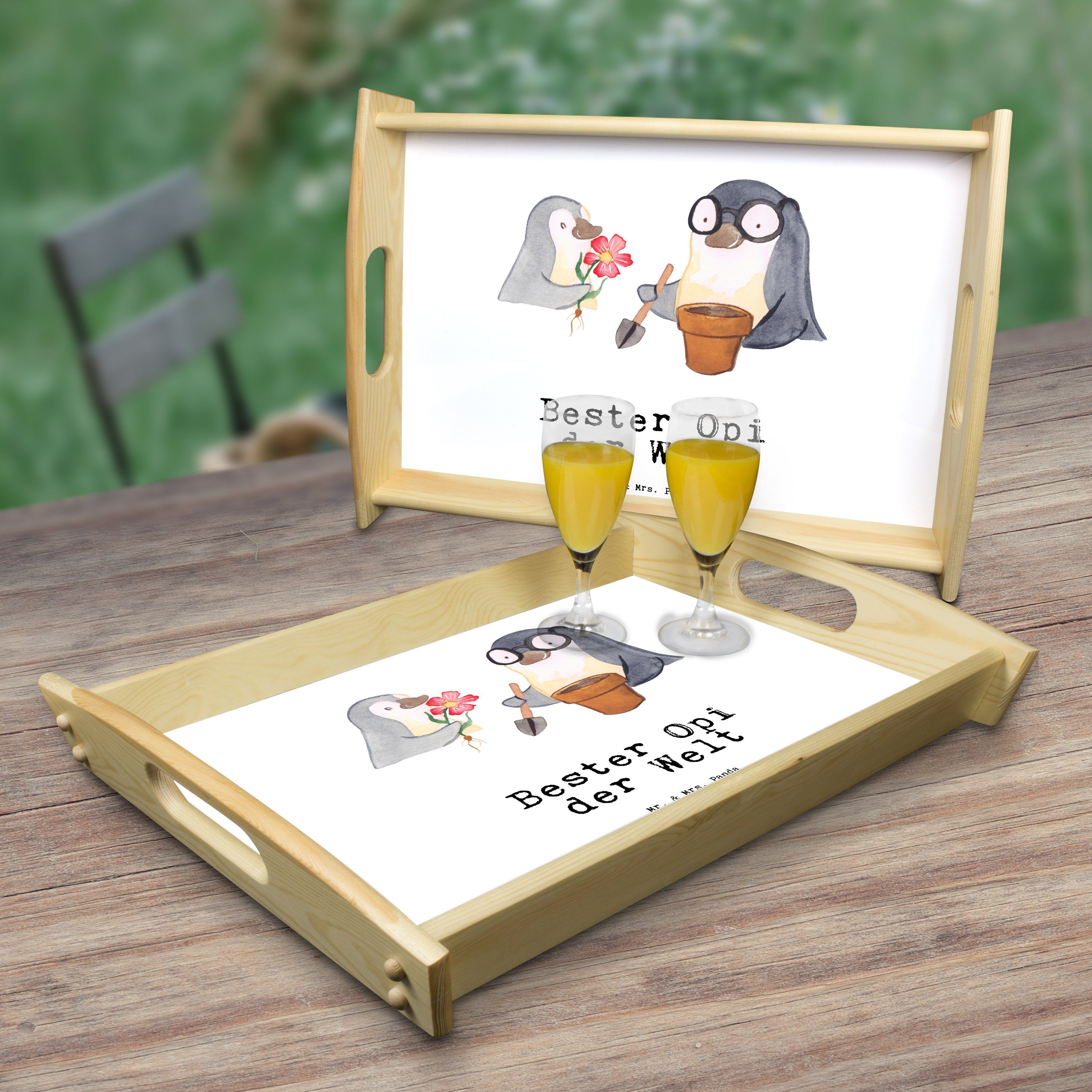 Mr. & Geschenk, - Pinguin Panda Mrs. Welt der Mitbringsel, Tablett Echtholz lasiert, Bester Schenken, (1-tlg) Weiß - Opi