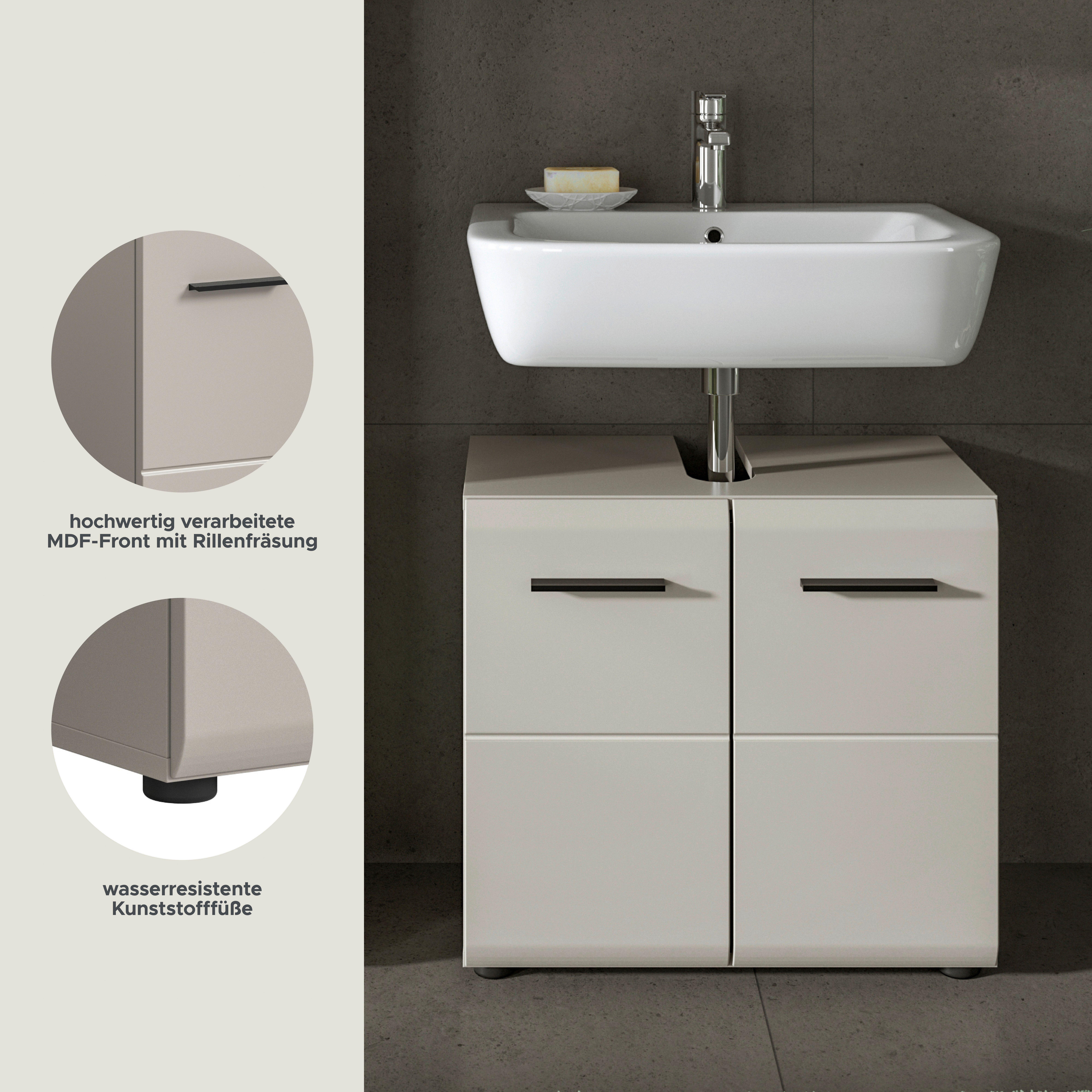 welltime Waschbeckenunterschrank FLORENZ, Breite 60cm, inkl. Siphonausschnitt, mit Türen oder Schüben (1-St., TOPSELLER) hochwertige MDF Front, Griff schwarz, Badschrank, Bad