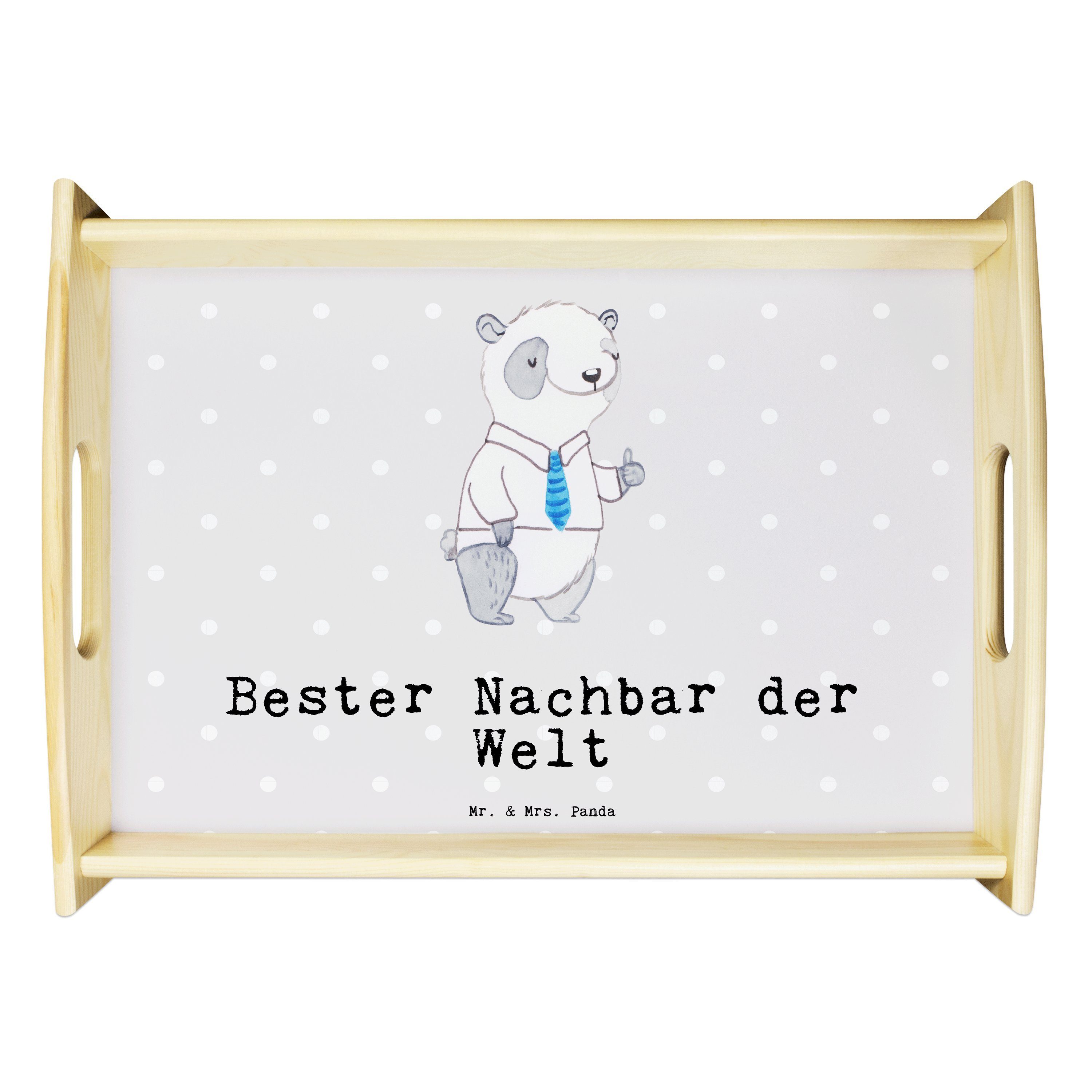 Mr. & Mrs. Panda Tablett Panda Bester Nachbar der Welt - Grau Pastell - Geschenk, Frühstücksta, Echtholz lasiert, (1-tlg)