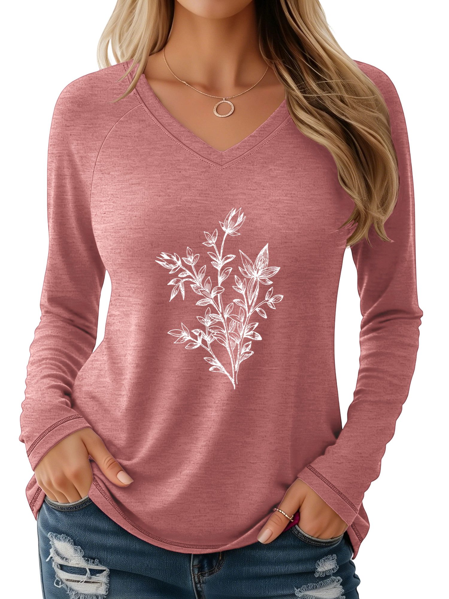 PYLIKE Langarmshirt Damen Langarm mit handgezeichnet Blumen Druck bequemes V-Shirt Geeignet für den täglichen Gebrauch im Büro und zu Hause
