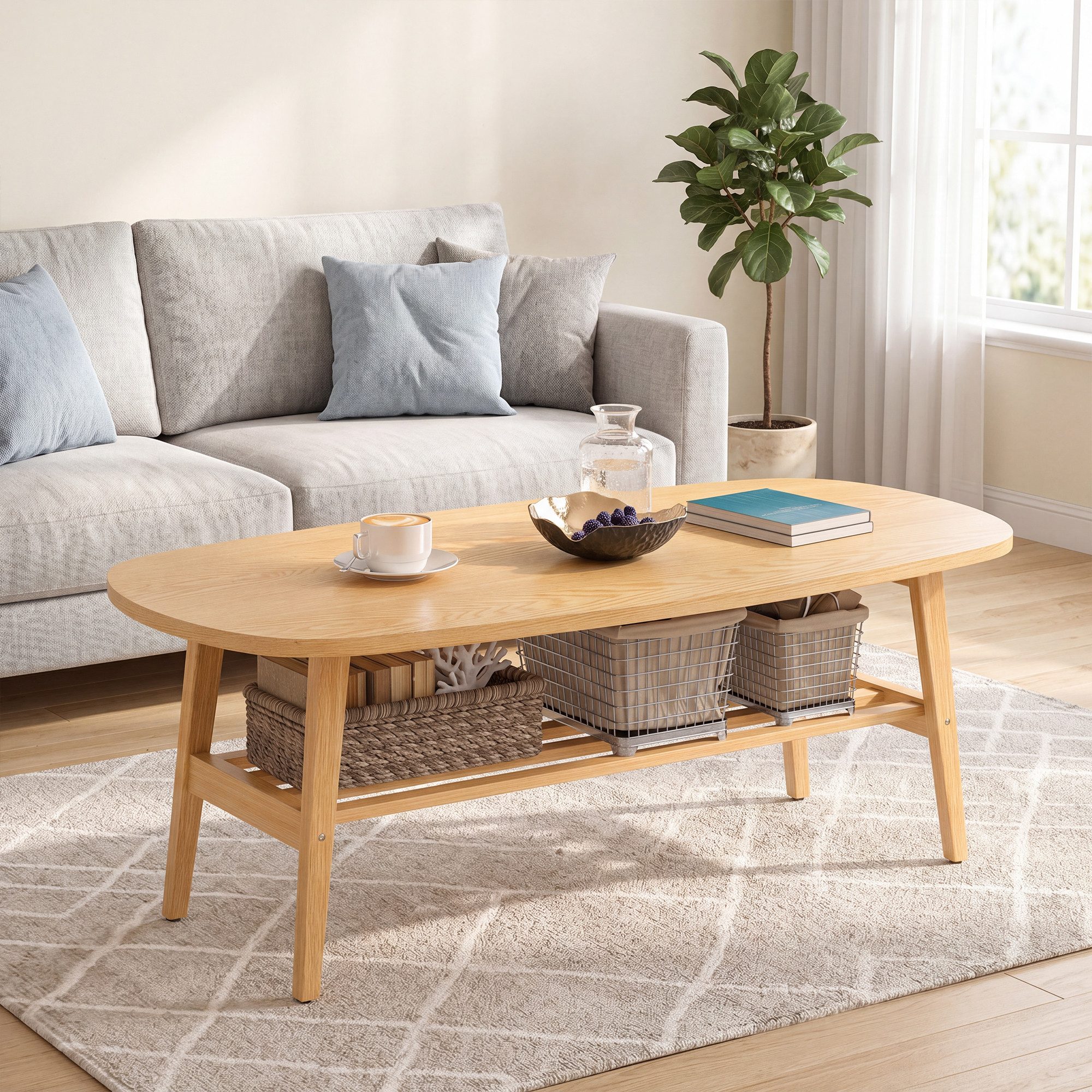 HOMCOM Couchtisch Sofatisch für Wohnzimmer (Set, 1-St., 1 Tisch), Ovale Tischplatte mit Ablage