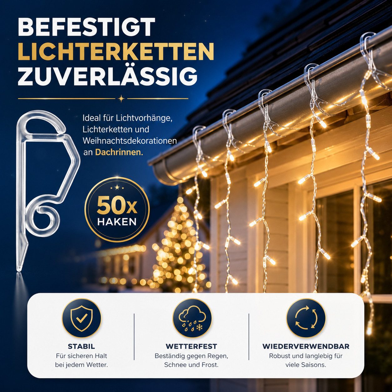Weihnachtswunder® Dekohaken 50x Lichterketten Haken Halterung Befestigung Dachrinnenhaken Outdoor, (50er Set, 50-St., 50-teilig), flexibler Kunststoff