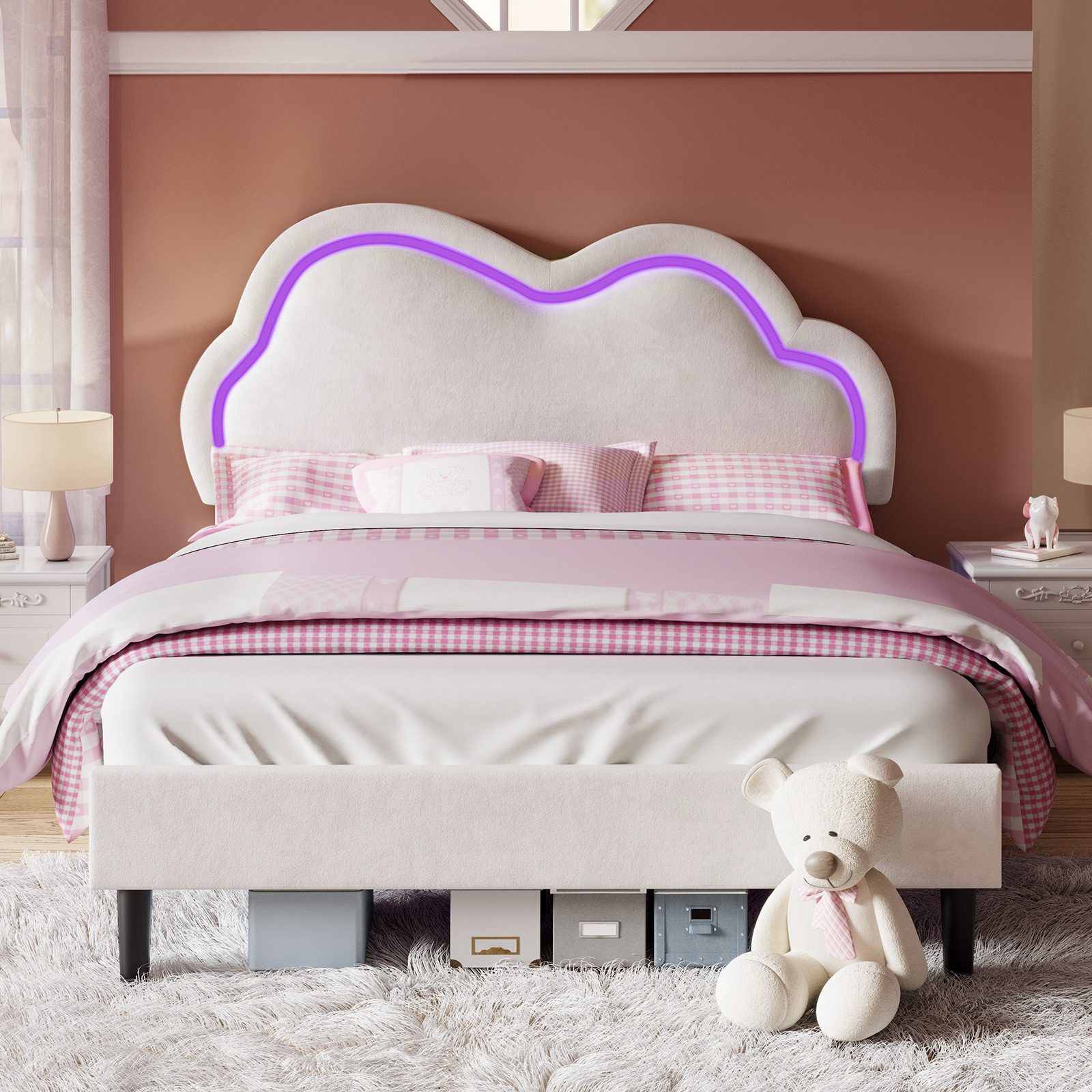 AMERLIFE Kinderbett Jugendbett für Mädchen in Samt-Optik mit LED-Beleuchtung (Ohne Matratze), Wolken-Kopfteil & praktischem Stauraum, 90x200cm