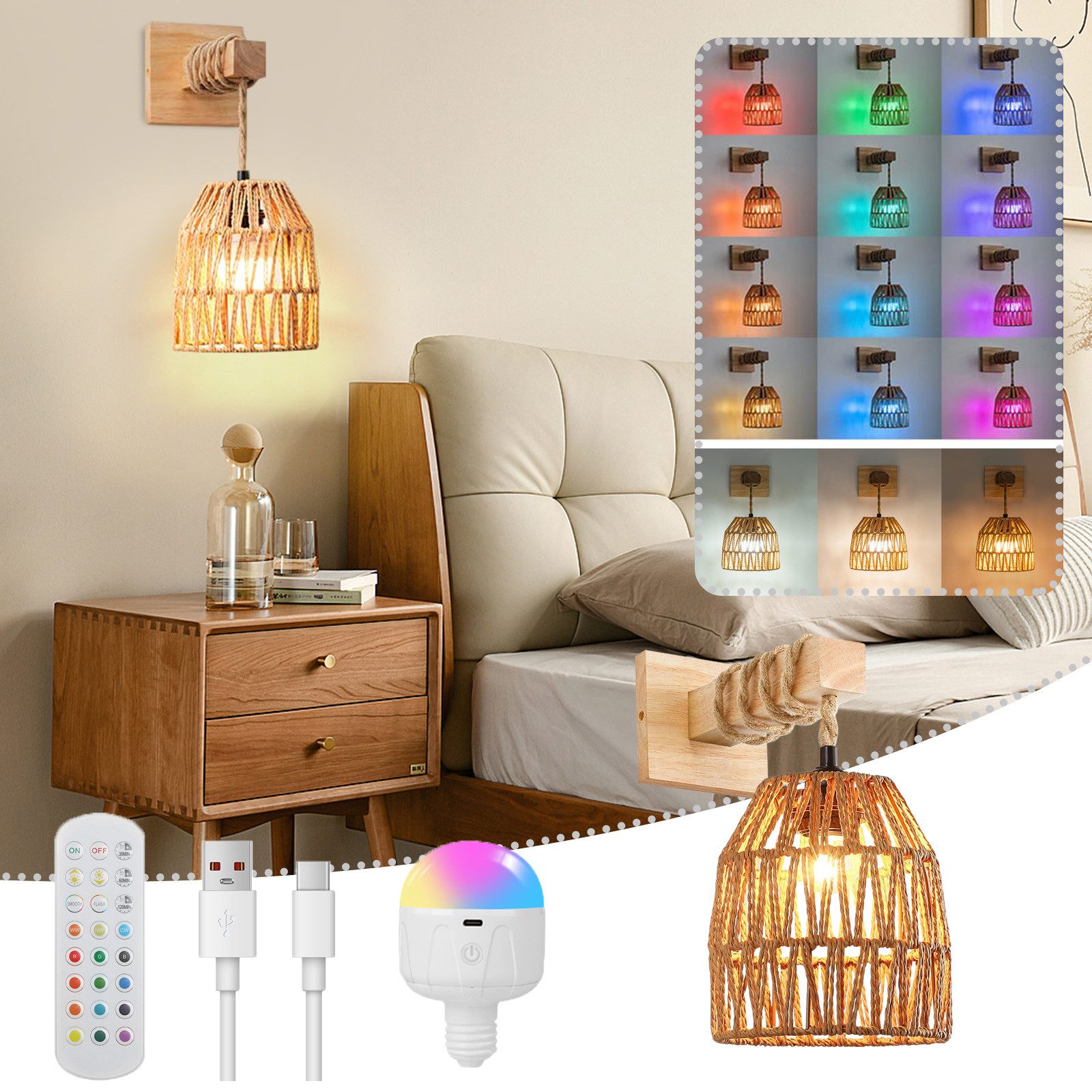 Jibenhome LED Wandleuchte Rattan Wandleuchte Batteriebetriebe,RGB Dimmbar,A günstig online kaufen