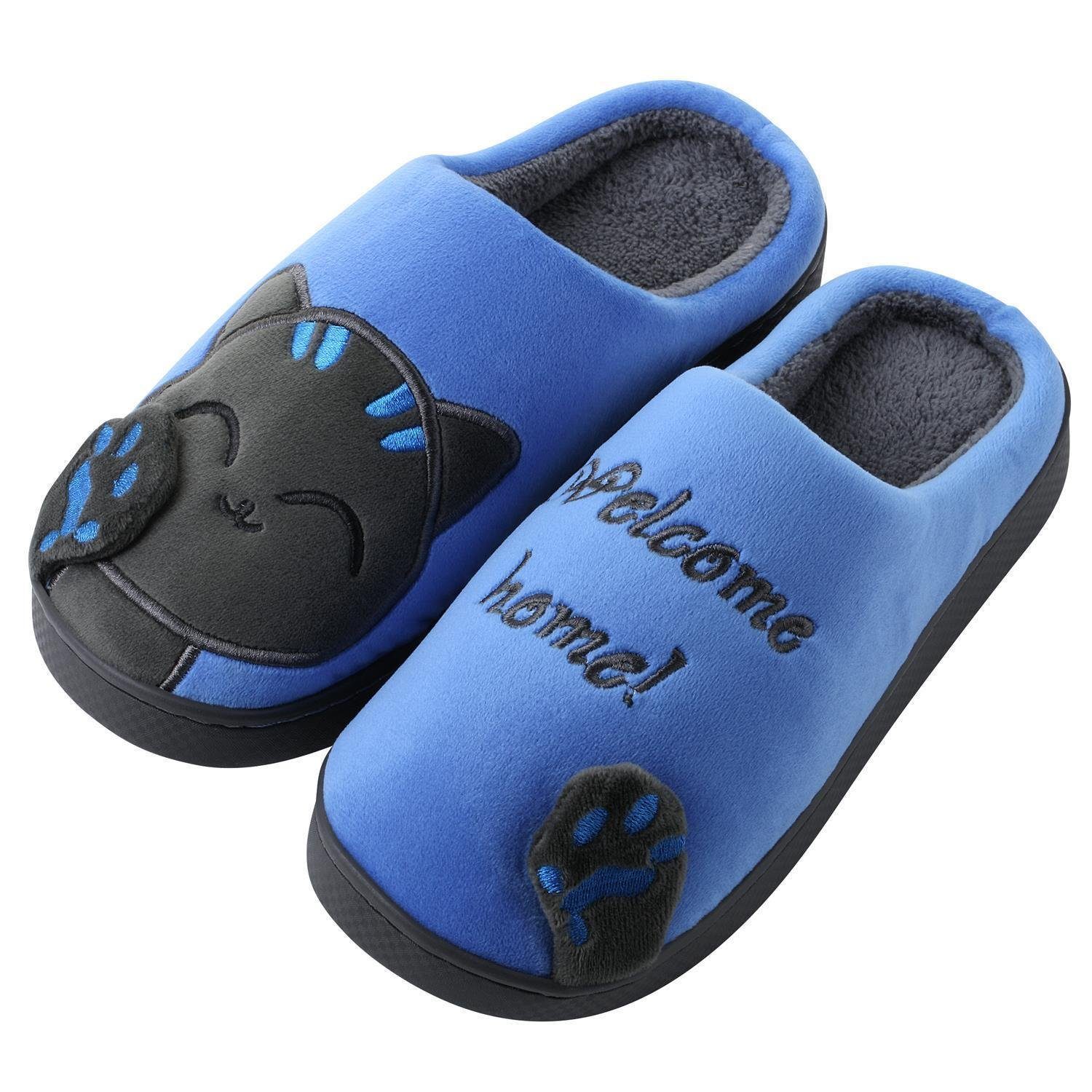 Katara Tier Pantoffeln Gr. 34-41 (Einhorn, Katze, Hase) Plüsch Hausschuhe Hausschuhe, weich, warm, süß, kuschelig, Plüsch Katze (Schwarz-Blau)