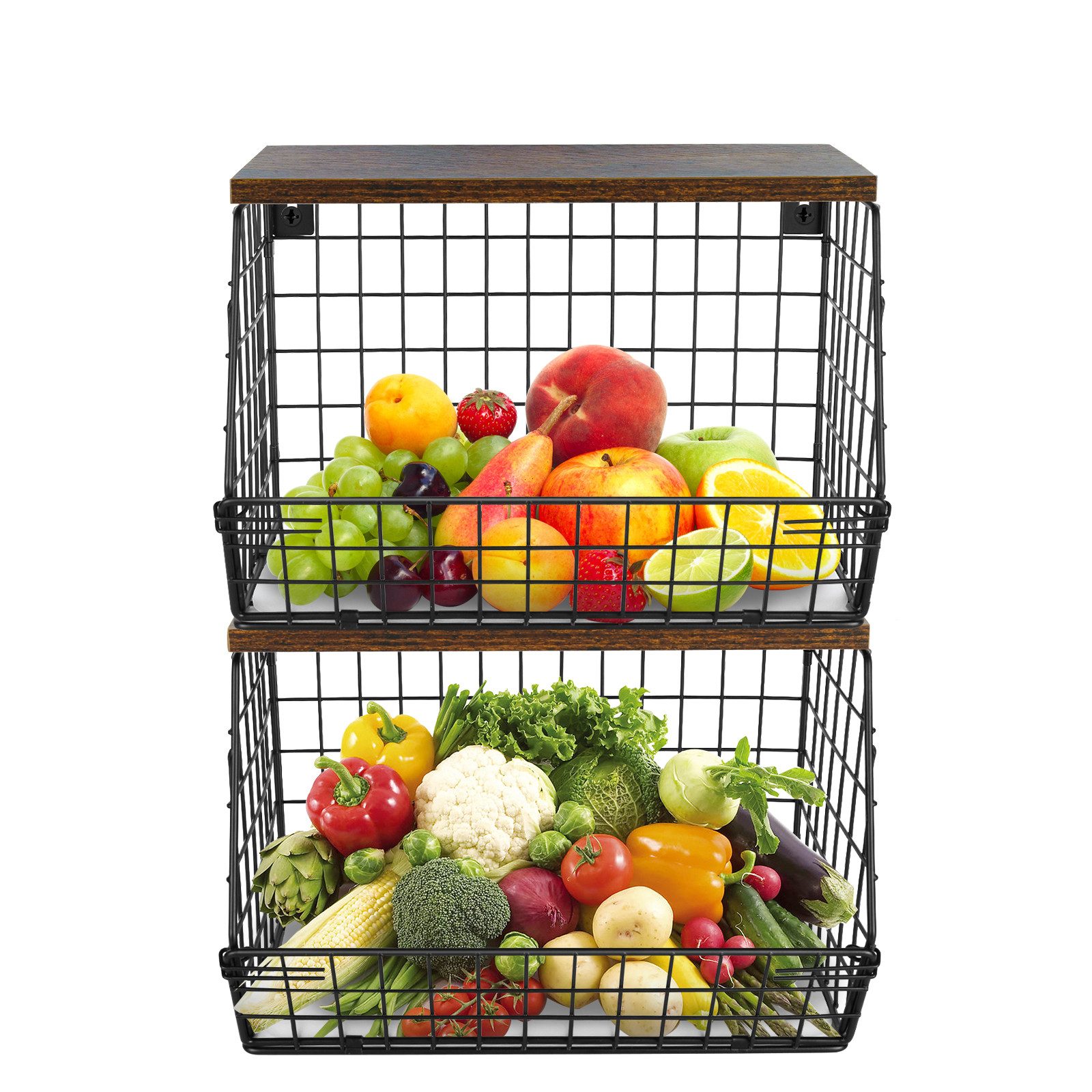JEOBEST Obstschale Küchen organizer Mit Holzdeckel, Metall Hängender Obstkorb, 2 Etagen, Rostfreies, Kohlenstoffstahl, Abnehmbare Körbe