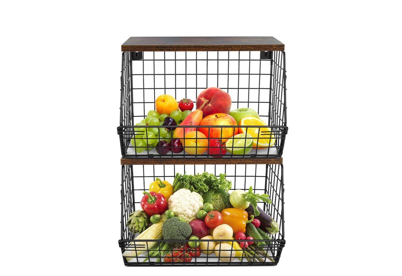 JEOBEST Obstschale Küchen organizer Mit Holzdeckel, Metall Hängender Obstkorb, 2 Etagen, Rostfreies, Kohlenstoffstahl, Abnehmbare Körbe