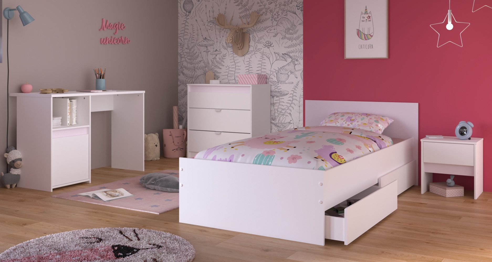 Parisot Jugendzimmer-Set Pirouette, (Kinderzimmer in weiß mit Grau oder Rosa, Komplett-Set 4-teilig), inklusive 2x Bettschubkasten