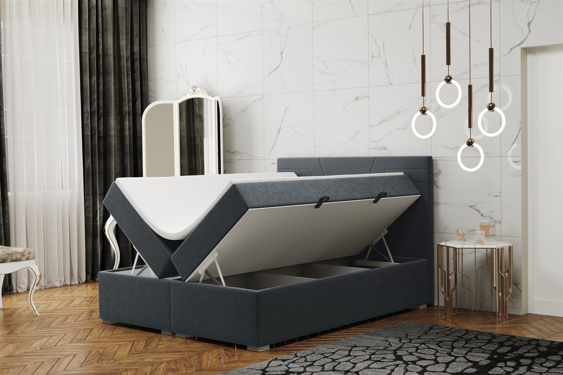 Fun Möbel Boxbett Schlafzimmerbett RAMON Überlänge in Stoff Matt Velvet (inkl. Topper und Bettkästen, auch in Standardlänge erhältlich), Gestepptes Kopfteil