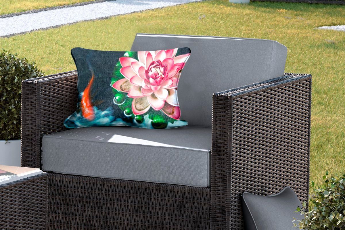 Dekokissen Ein MuchoWow Blume, mit einer Outdoor-Dekorationskissen, Polyester, Koi-Karpfen rosa Kissenhülle Dekokissenbezug,