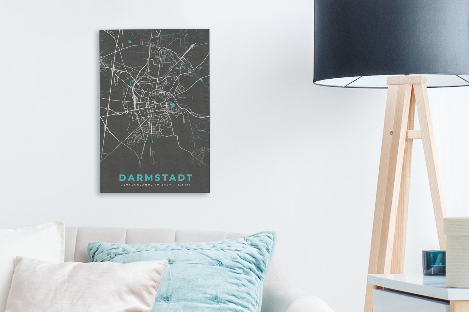 OneMillionCanvasses® Leinwandbild Darmstadt Deutschland, - fertig cm - - - bespannt (1 St), Stadtplan inkl. Leinwandbild Karte Gemälde, 20x30 Blau Zackenaufhänger