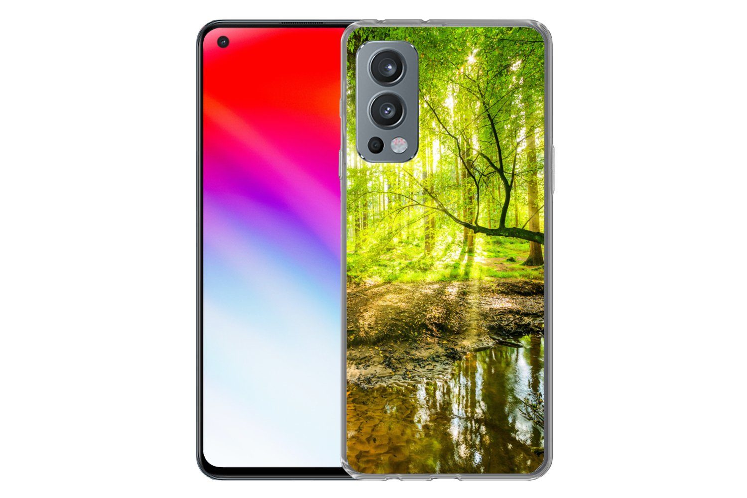 MuchoWow Handyhülle für OnePlus Nord 2 5G Wald - Landschaft - Wasser - Bäume - Sonne - Grü, Phone Case, Silikon, Schutzhülle Dünn