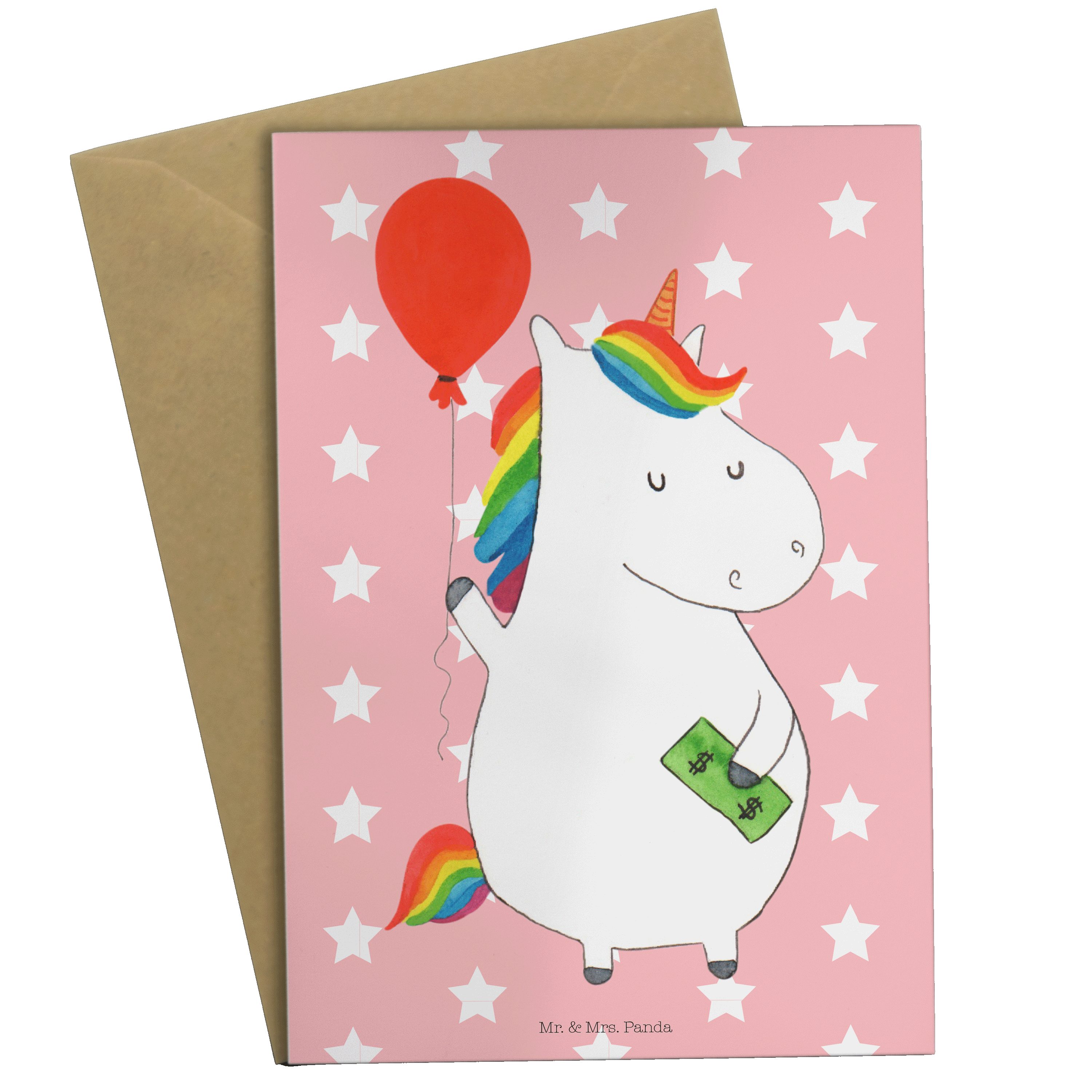 Mr. & Mrs. Panda Grußkarte Einhorn Luftballon - Rot Pastell - Geschenk, Einhorn Deko, Einhörner