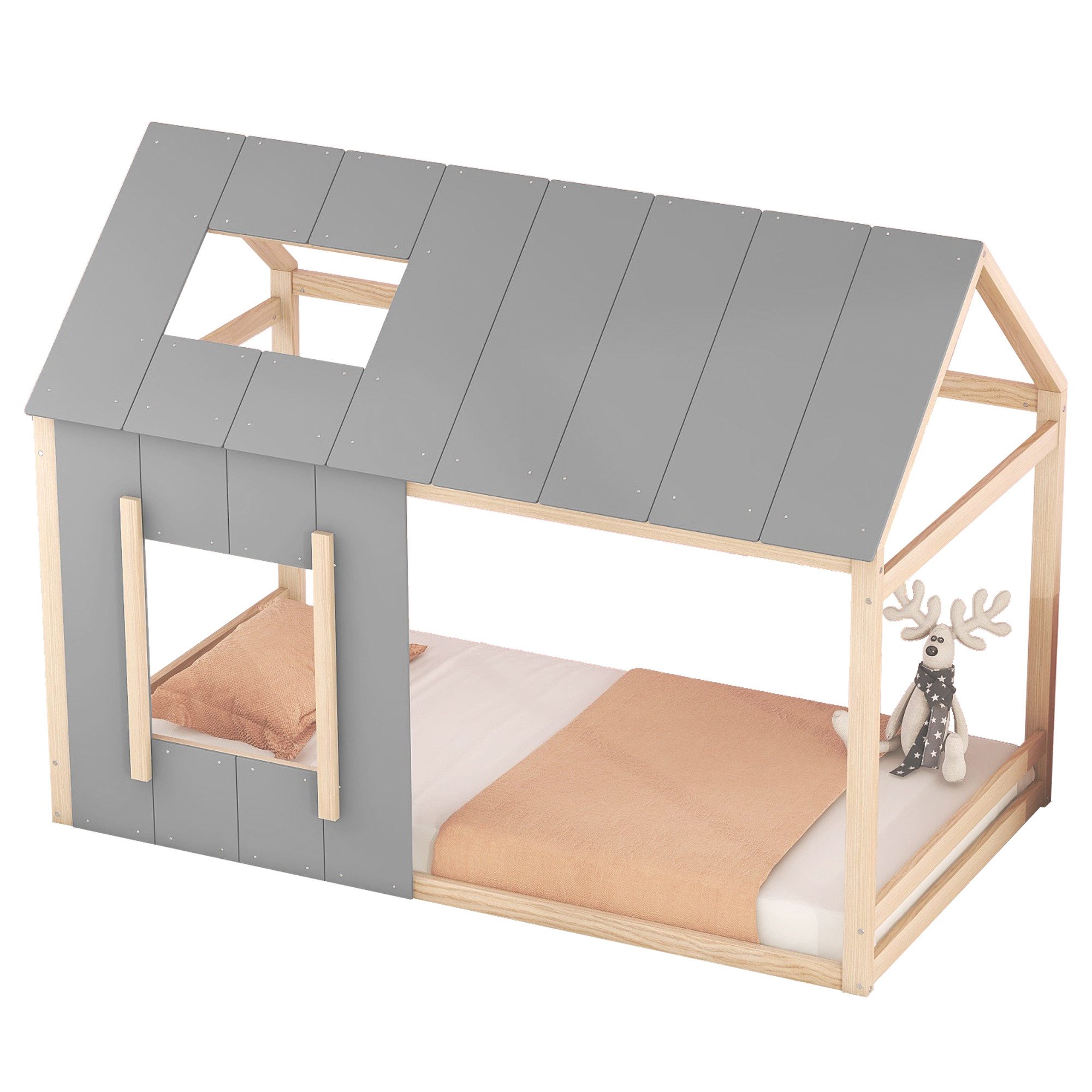 HAUSS SPOLE Kinderbett Kinderbett Holzhaus Bett Bodenbett Bettgestell Baumhausbett (Hausform, 90x200 cm, Einzelhaus-Flachbett mit Dach und Fenster), ohne Matratze