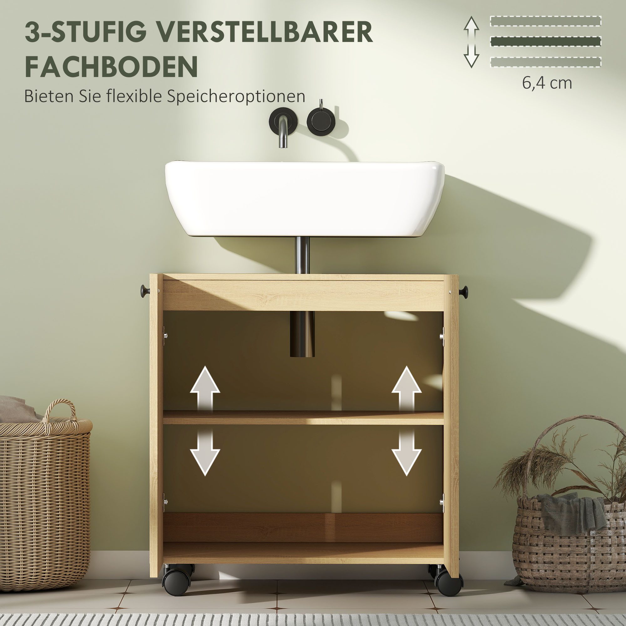 HOMCOM Waschbeckenunterschrank Waschtischunterschrank, Badschrank mit Rolle, Soft-Close Türen (Badezimmerschrank, 1-St., Unterschrank) für Badezimmer, Eiche – Bild 5 von 5