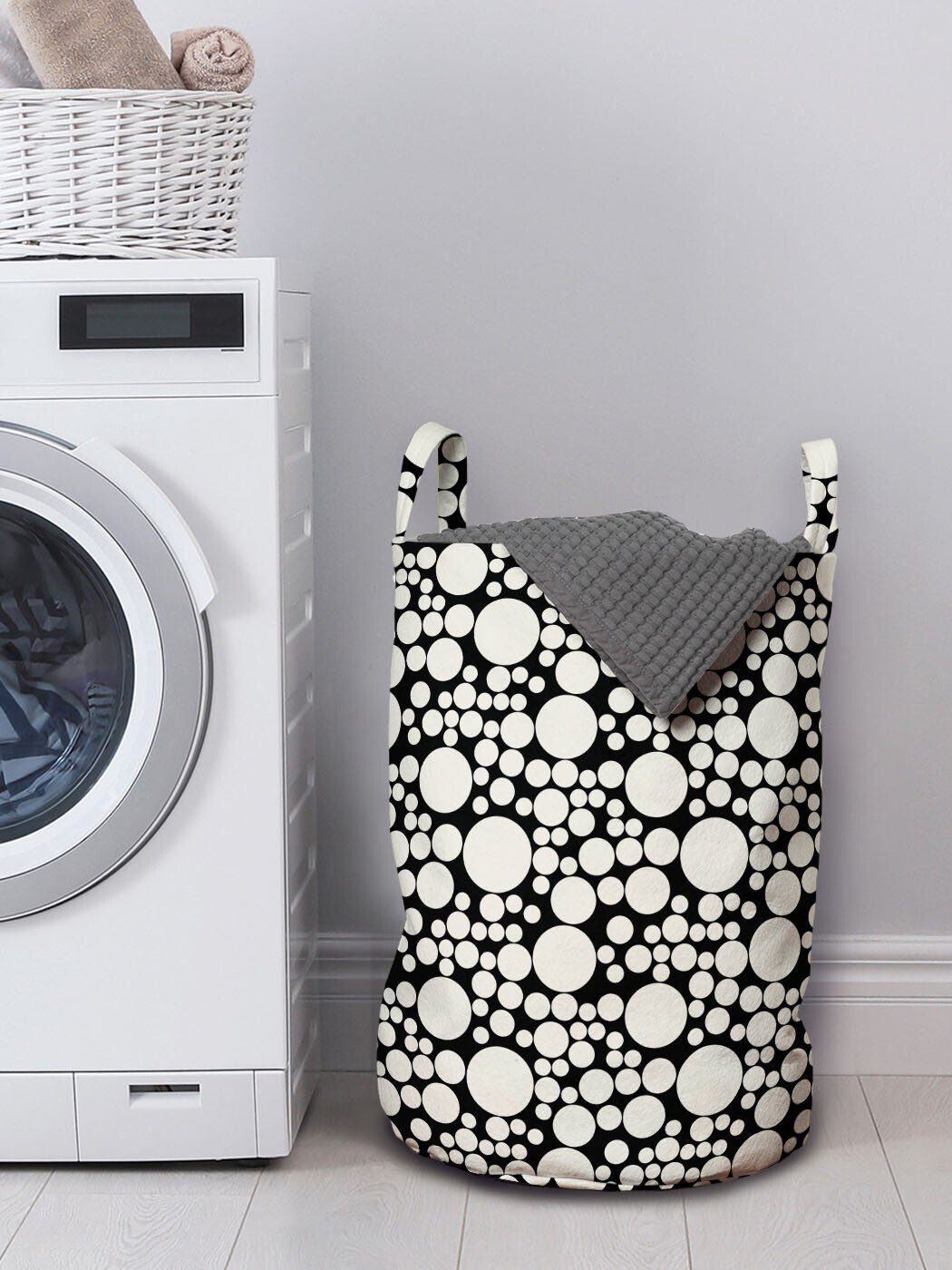Art Wäschesäckchen Waschsalons, Runde Deco in Griffen Kordelzugverschluss Wäschekorb für Sondergrößen mit Abakuhaus