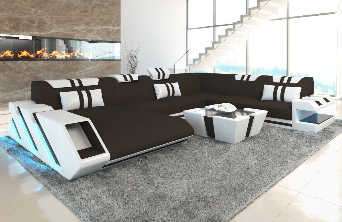 Sofa Dreams Wohnlandschaft Polster Sofa Stoff Couch Apollonia XXL U Form Stoffsofa, mit LED, wahlweise mit Bettfunktion als Schlafsofa, Designersofa C92 Mokka-Weiss