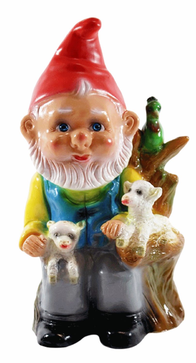 Rakso Oskar Schneider GmbH Gartenzwerg Deko Figur Zwerg H 30 cm Gartenzwerg mit 2 Lämmern und Papagei stehend