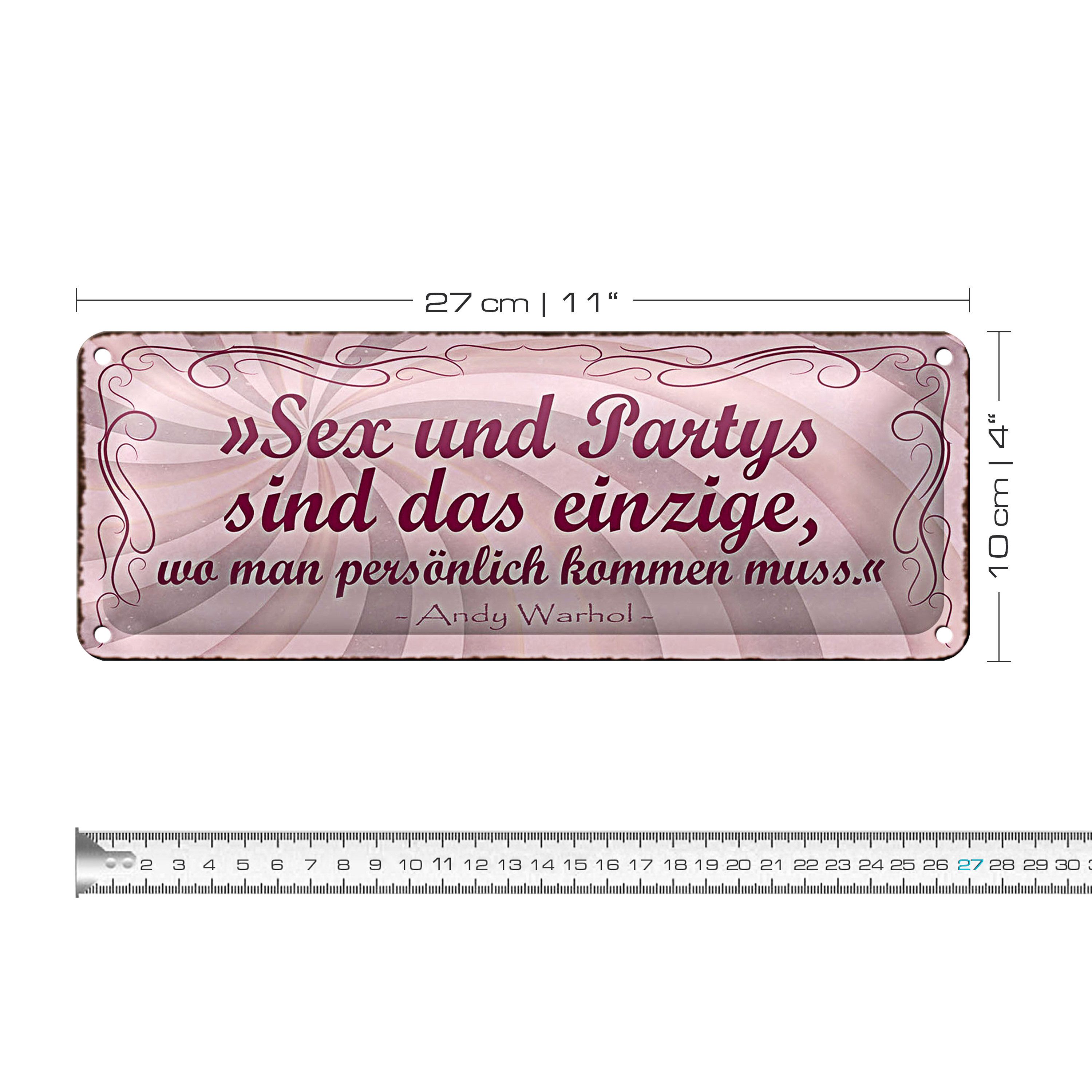 Roomando Metallschild Blechschild Spruch 27x10cm Sex Party persönlich kommen muss Dekoration