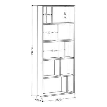 Decortie Bücherregal Onda, Modernes Bücherregal/ Vitrine, 65 x 25 x 166 cm