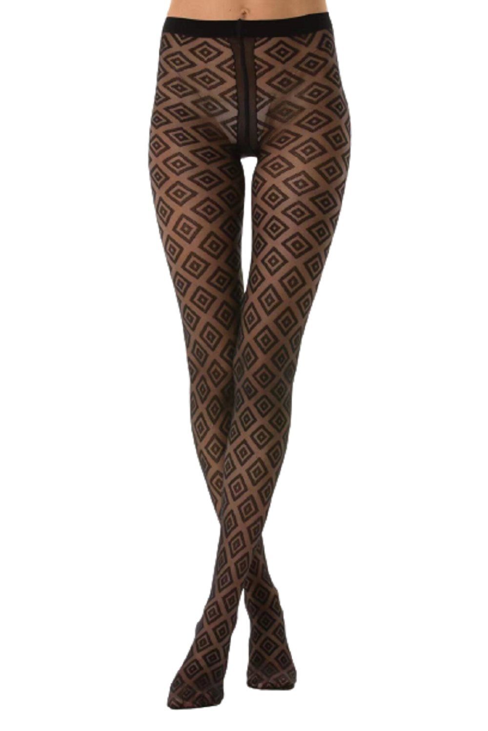 cofi1453 Feinstrumpfhose Damen Strumpfhose mit Karo Optik N.1583 Muster Nero Frauen 40 DEN