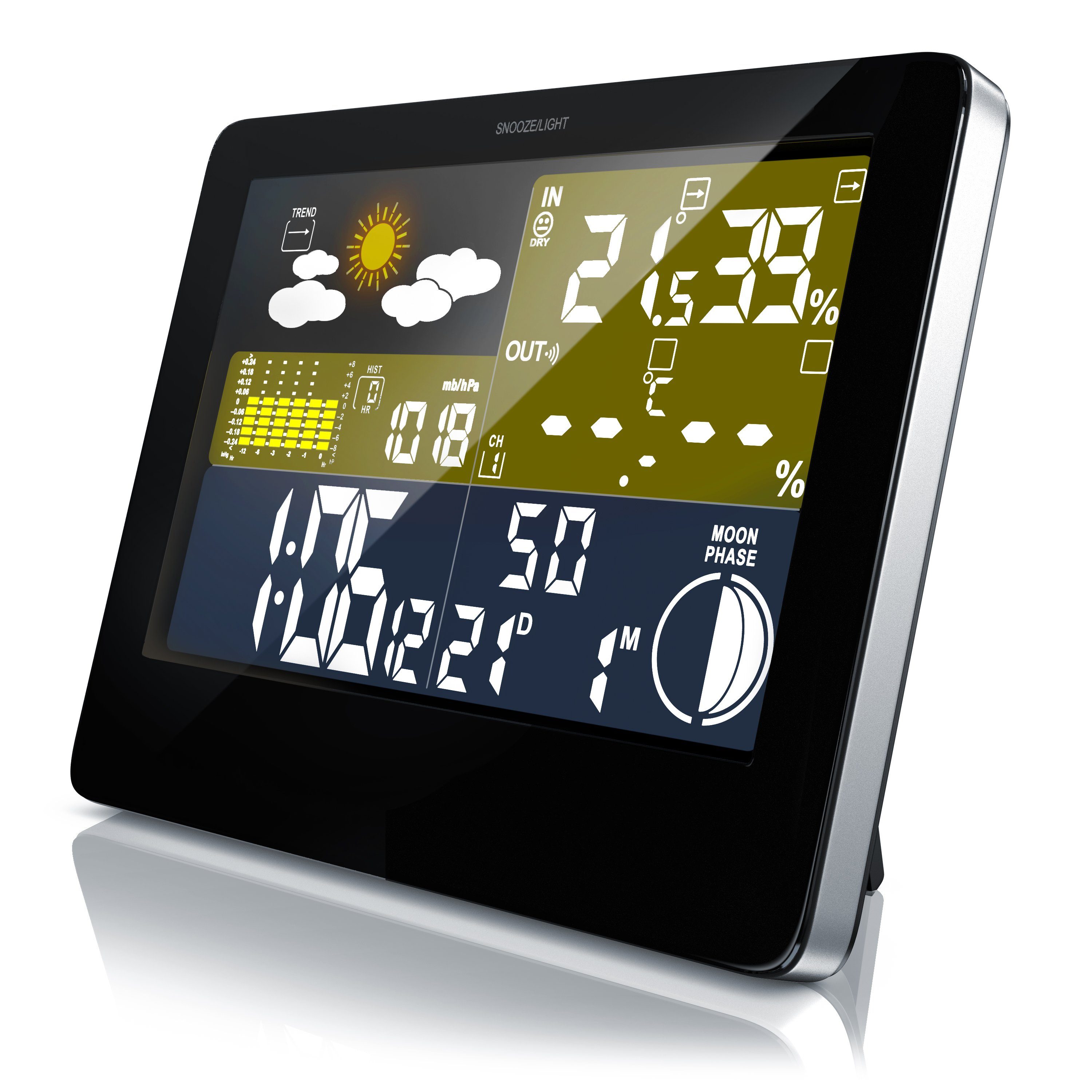 BEARWARE mit Farbdisplay, Funk, inkl. Außensensor, Wettervorhersage-Piktogramm Wetterstation (Außensensor, DCF Empfangssignal Funkuhr, Innen und Außentemperatur, UVM)