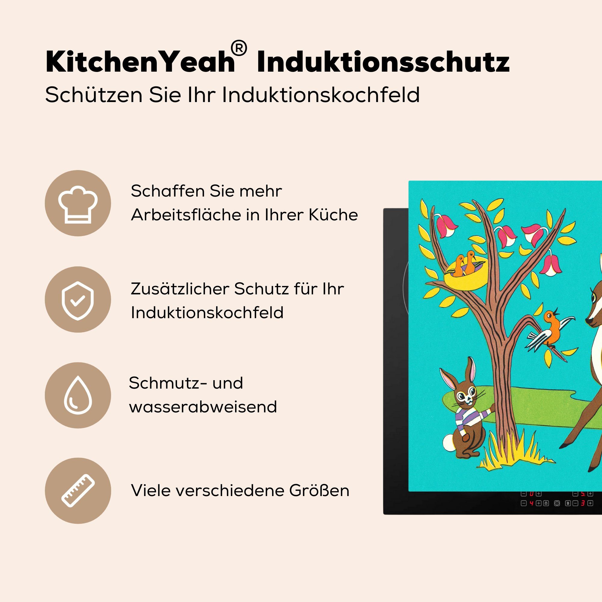 (1 eines Herdblende-/Abdeckplatte MuchoWow Vinyl, nutzbar, 60x52 einen das und Illustration Arbeitsfläche Mobile Rehs, Eine jungen cm, tlg), Ceranfeldabdeckung braunen Hasen,