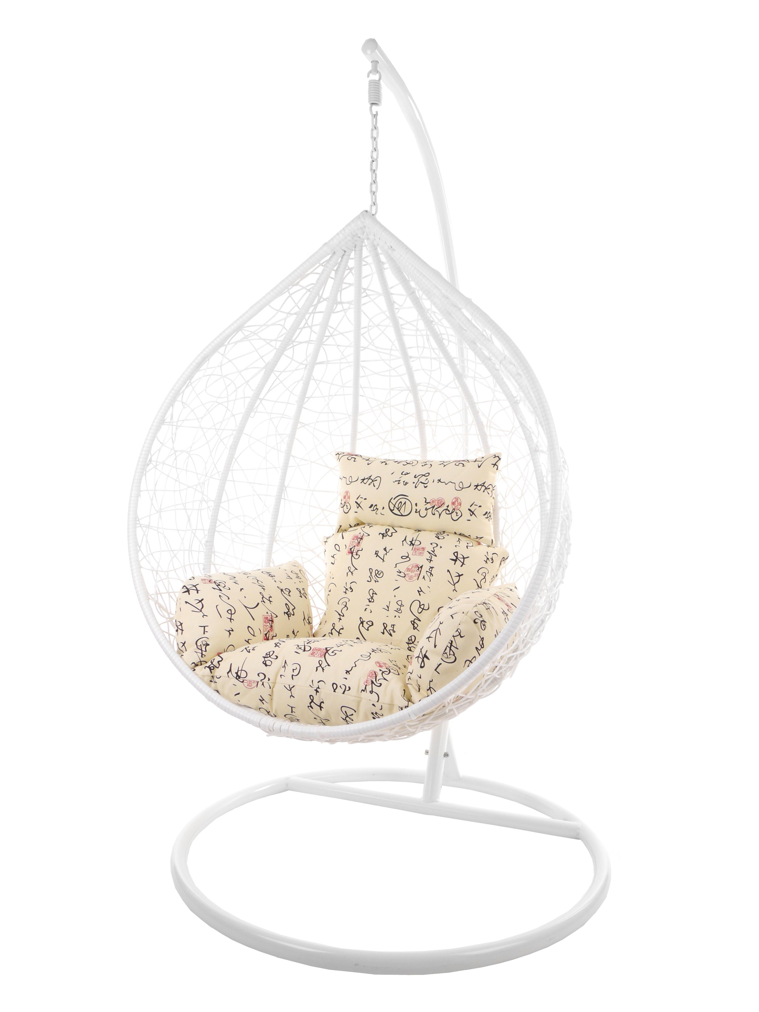 KIDEO Hängesessel Hängesessel MANACOR weiß, XXL Swing Chair, großer Hängesessel mit Gestell und Kissen, Loungemöbel, weiß buchstabenmuster (7050 travel)