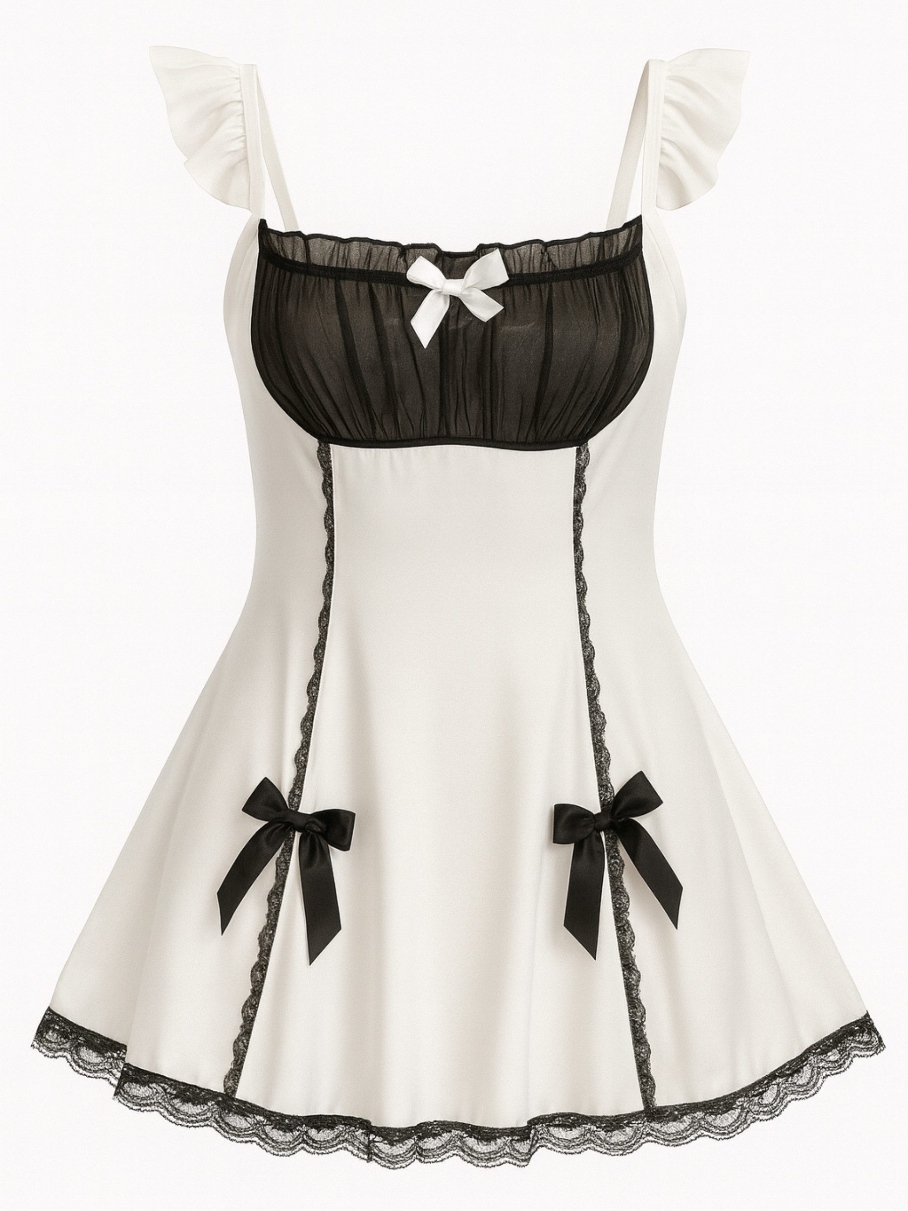 Elegant Love Babydollkleid Kurzes Negligé mit Spitzenbesatz – Nachtwäsche mit Rüschenärmeln Sexy Damen Dessous & Reizwäsche – Satinkleid als elegante Loungewear