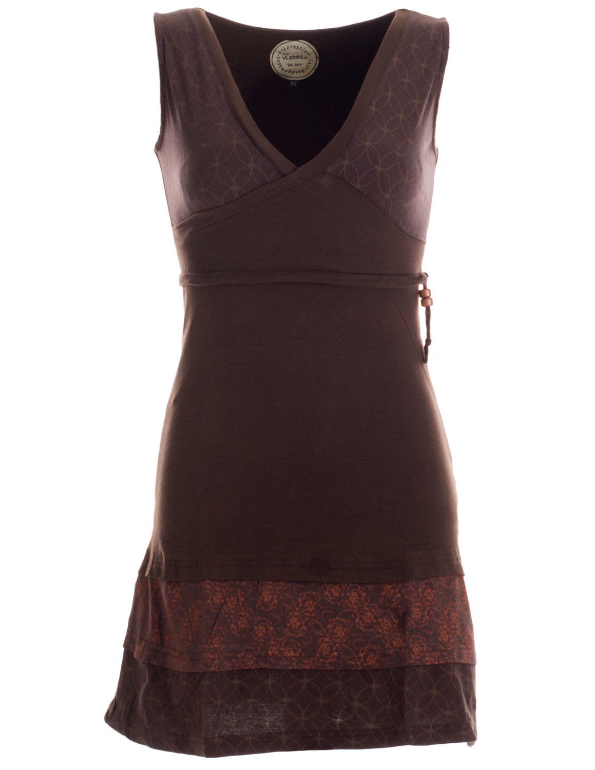 Vishes Sommerkleid Kurzes ärmelloses mini Sommerkleid bedruckt Tunika Elfen, Hippie, Goa, Ethno Style braun