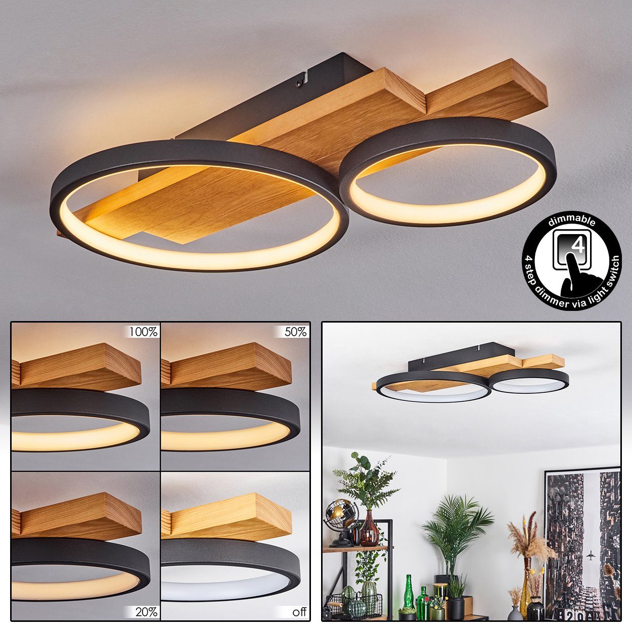 hofstein Deckenleuchte »Caces« dimmbare Deckenlampe aus Metall/Holz, 3000 Kelvin
