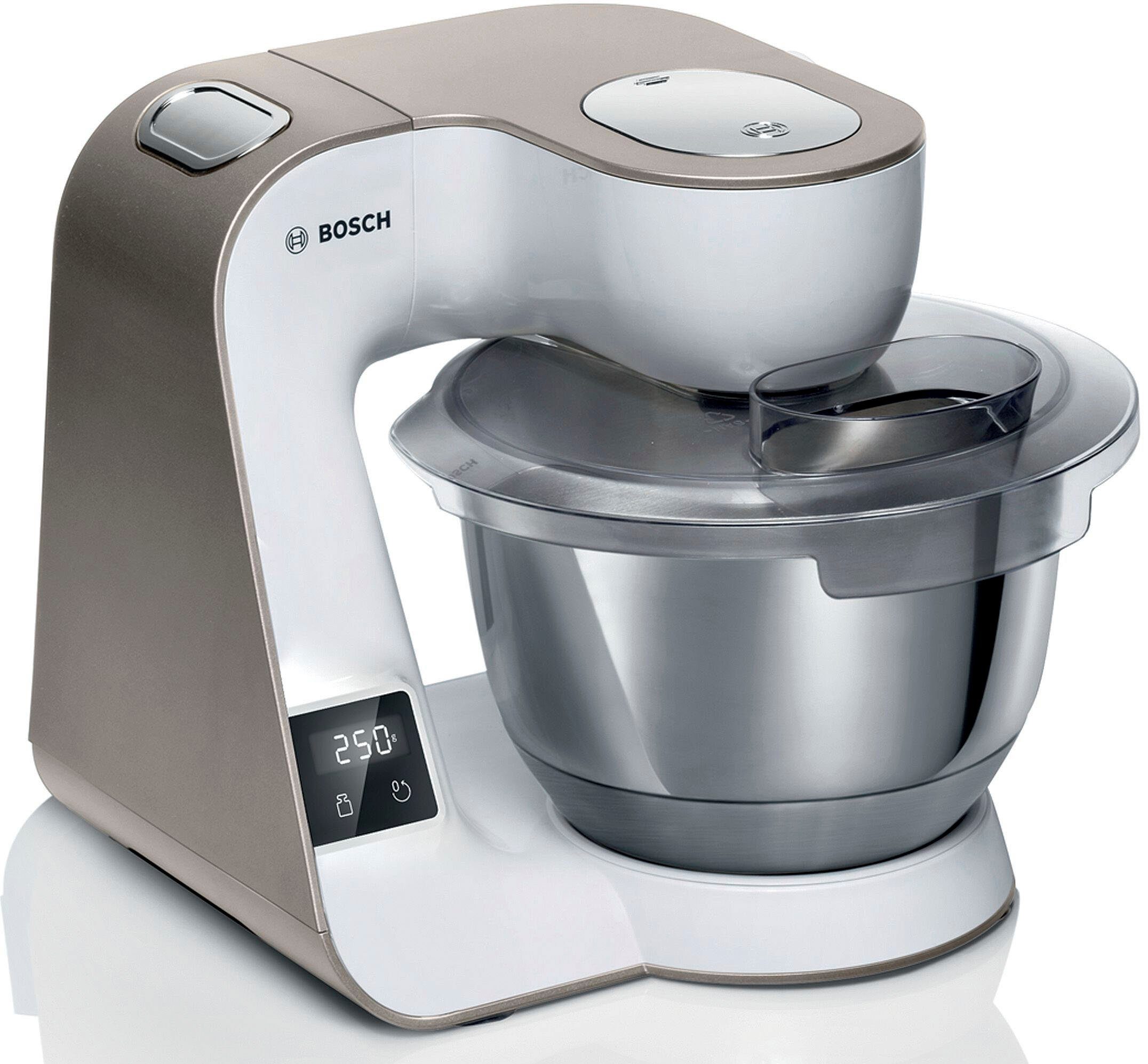 BOSCH Küchenmaschine Serie 4 MUM5XW40, integr. Waage, Durchlaufschnitzler, weiß/champagner, 1000 W, 3,9 l Schüssel, 4 Scheiben, Mixer, Fleischwolf, Zitruspresse, Profi Patisserie-Set