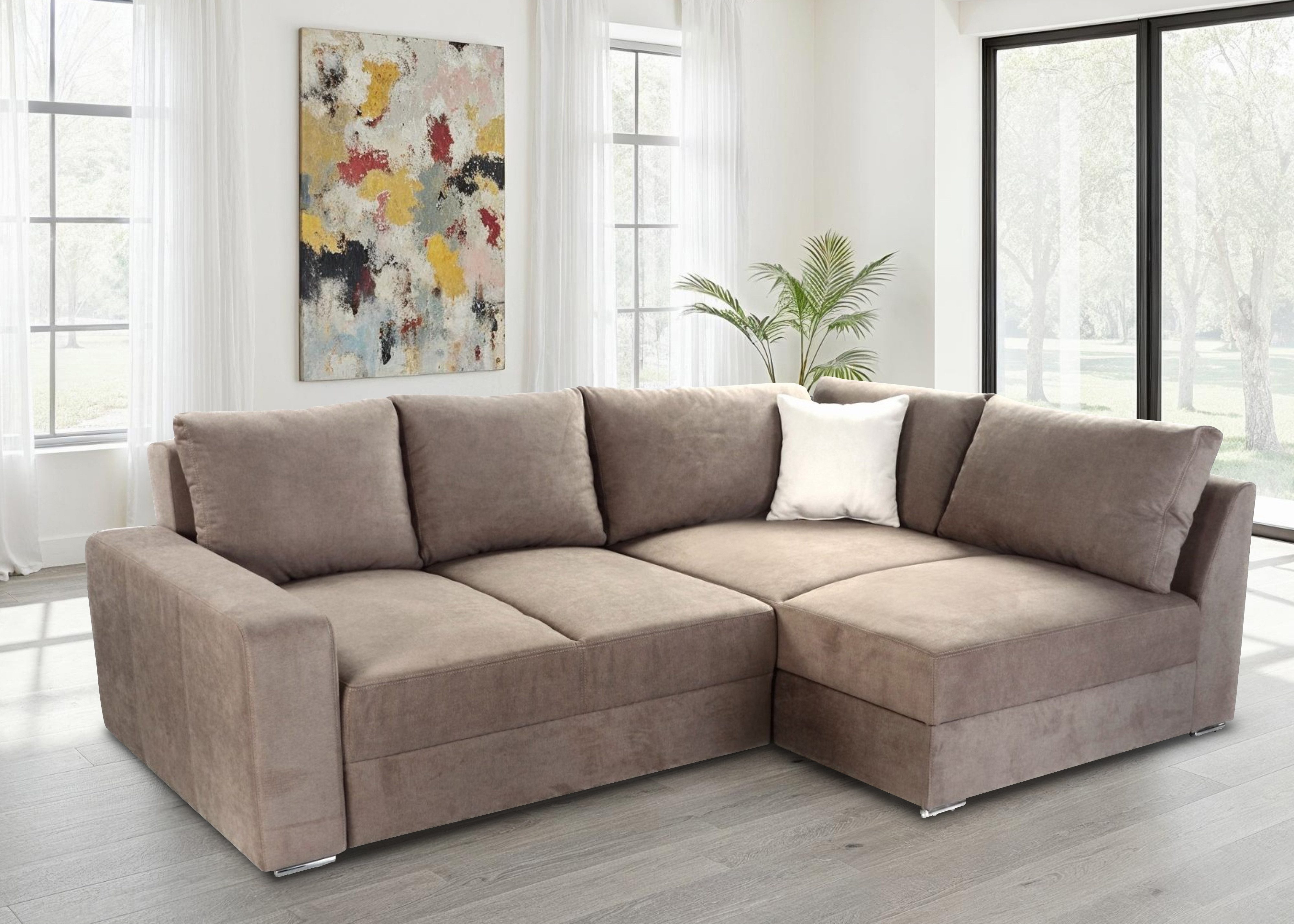 luma-home Ecksofa 15108-OTTO-1, Dauerschläfer B260/T181/H88 cm mit 2 Bettkästen, Ottomane links oder rechts montierbar, Federkern, Boxspring, Kaltschaum-Topper, Mikrofaser in Hellbraun