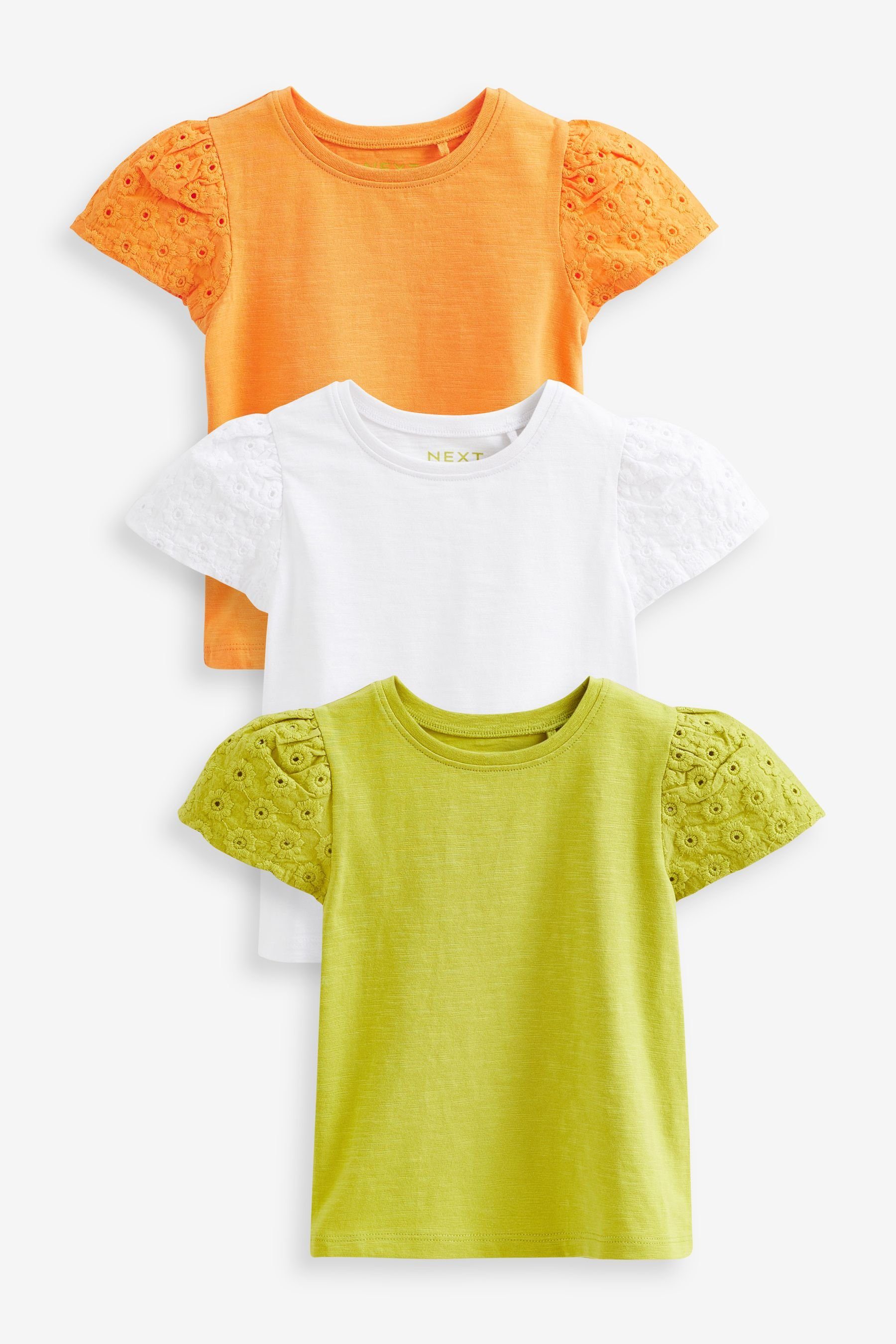 Next Langarmshirt Bestickte T-Shirts, 3er-Pack (3-tlg) Green & Orange