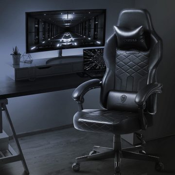 Dowinx Gaming-Stuhl mit Federkissen und Lendenwirbelstütze, ergonomisches Design, PU-Leder, breitere Rückenlehne, schwarz