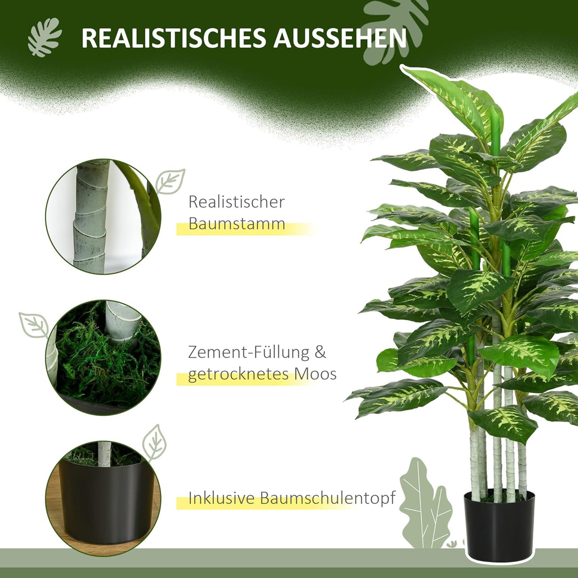 Kunstblume Kunstpflanze, Künstliche Pflanzen, Kunstbaum, Kunstgras Dieffenbachie, Künstliche Dieffenbachie, ibettertec, realistisches Aussehen, innen und außen verwendbar