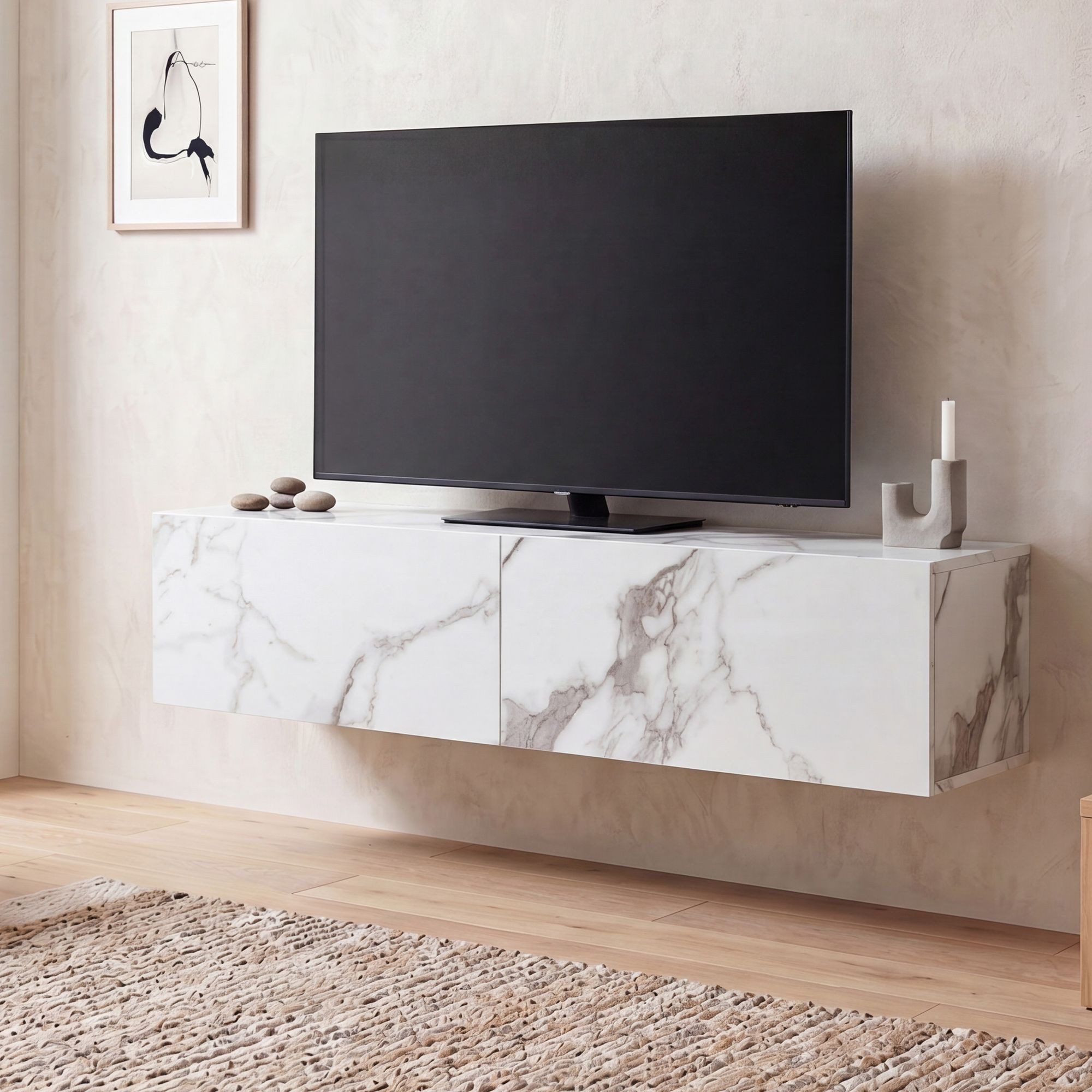 FINEBUY Lowboard FB58622 TV Schrank Hängend 120 cm Marmor-Optik TV-Kommode Klapptür (Marmor-Optik Weiß 120x30x30 cm mit zwei Türen), TV-Kommode Hoch, TV-Schrank Modern, Fernsehtisch