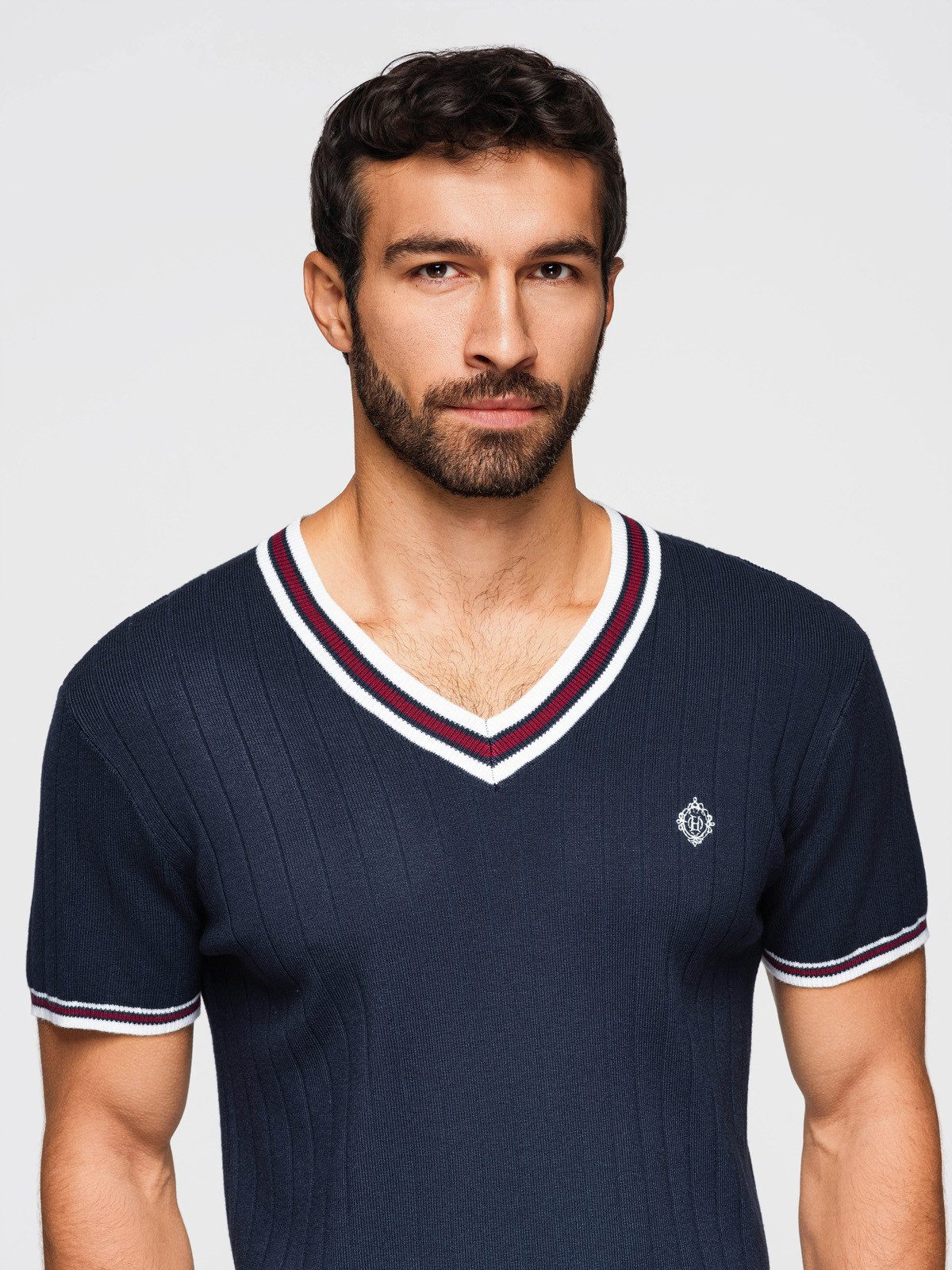 OMBRE T-Shirt Herren Viskose T-Shirt mit V-Ausschnitt Navy M (kein Set, 1-tlg) Strukturierter Stoff