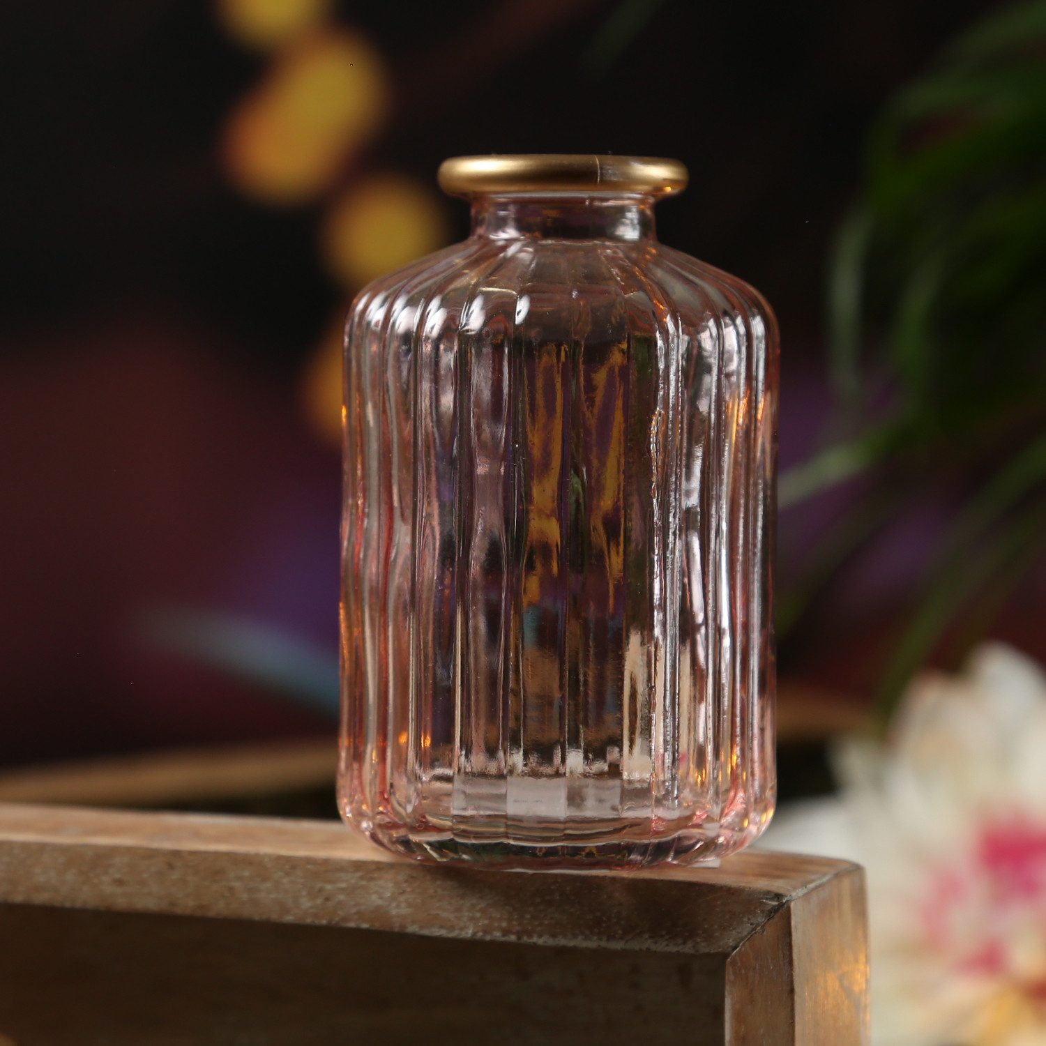 MARELIDA Dekovase Mini Glas Vase mit Rillen für Blumen Glasflasche mit Goldrand rosa (1 St)