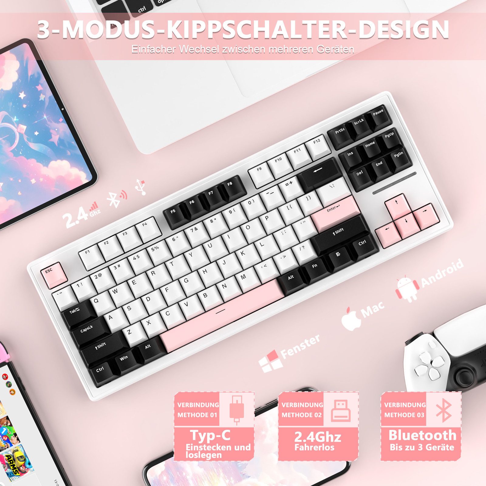 ATTACK SHARK M87 80% Kabellose Gaming-Tastatur, 27 RGB, TKL,Hot-Swap-Linearschalter Gaming-Tastatur (PBT-Tastenkappe,Anti-Ghosting)