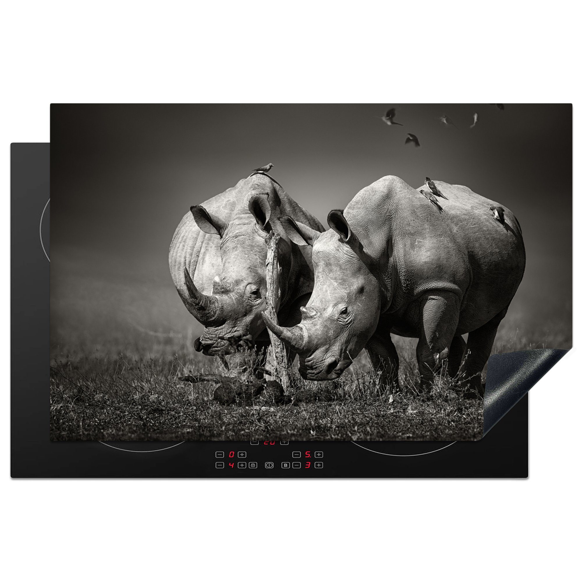 MuchoWow Herdblende-/Abdeckplatte Nashorn - Vogel - Tiere - Landschaft - Schwarz und weiß, Vinyl, (1 tlg), 81x52 cm, Ceranfeldabdeckung, Arbeitsplatte für küche | Herdabdeckplatten
