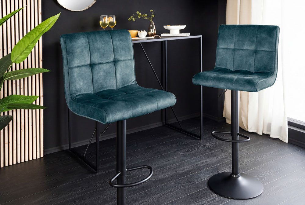 riess-ambiente Barhocker MODENA petrol/schwarz - Samt, Metall, höhenverstellbar, mit Polsterung, 360° drehbar & mit Lehne & Fußablage - ideal für Wohnzimmer oder Küche